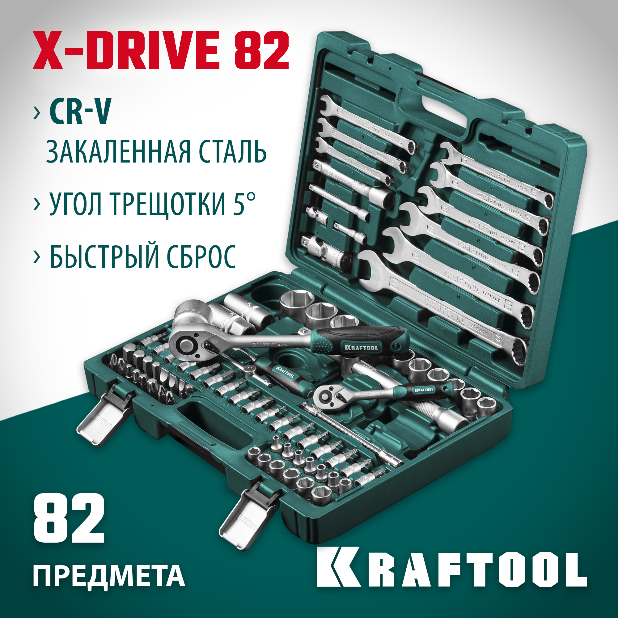 KRAFTOOL X-Drive 82, 82 предм., (1/2″+1/4″), универсальный набор инструмента (27887-H82) — фото 2