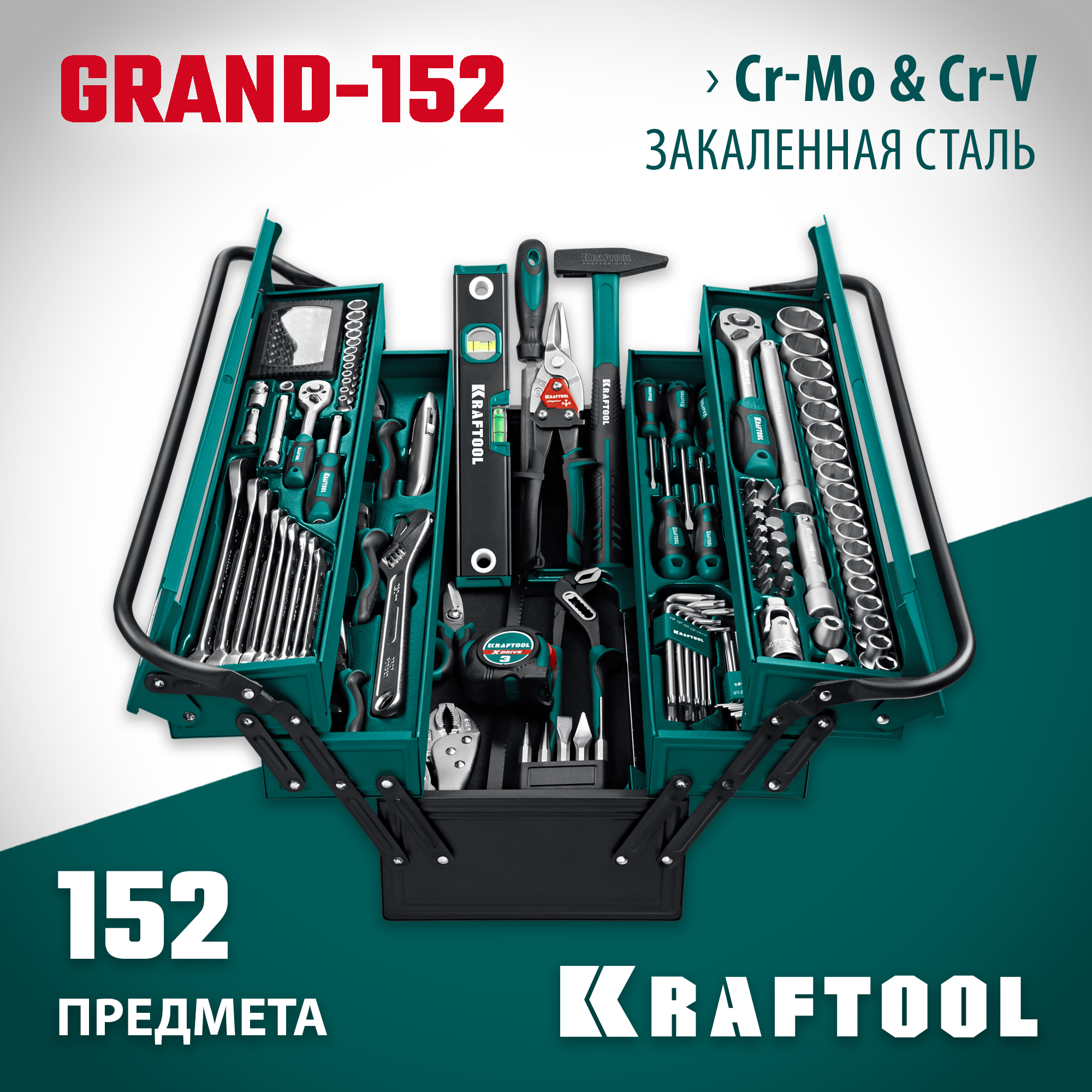 KRAFTOOL GRAND-152, 152 предм., (1/2″+1/4″), Универсальный набор инструмента (27978-H152) — фото 2