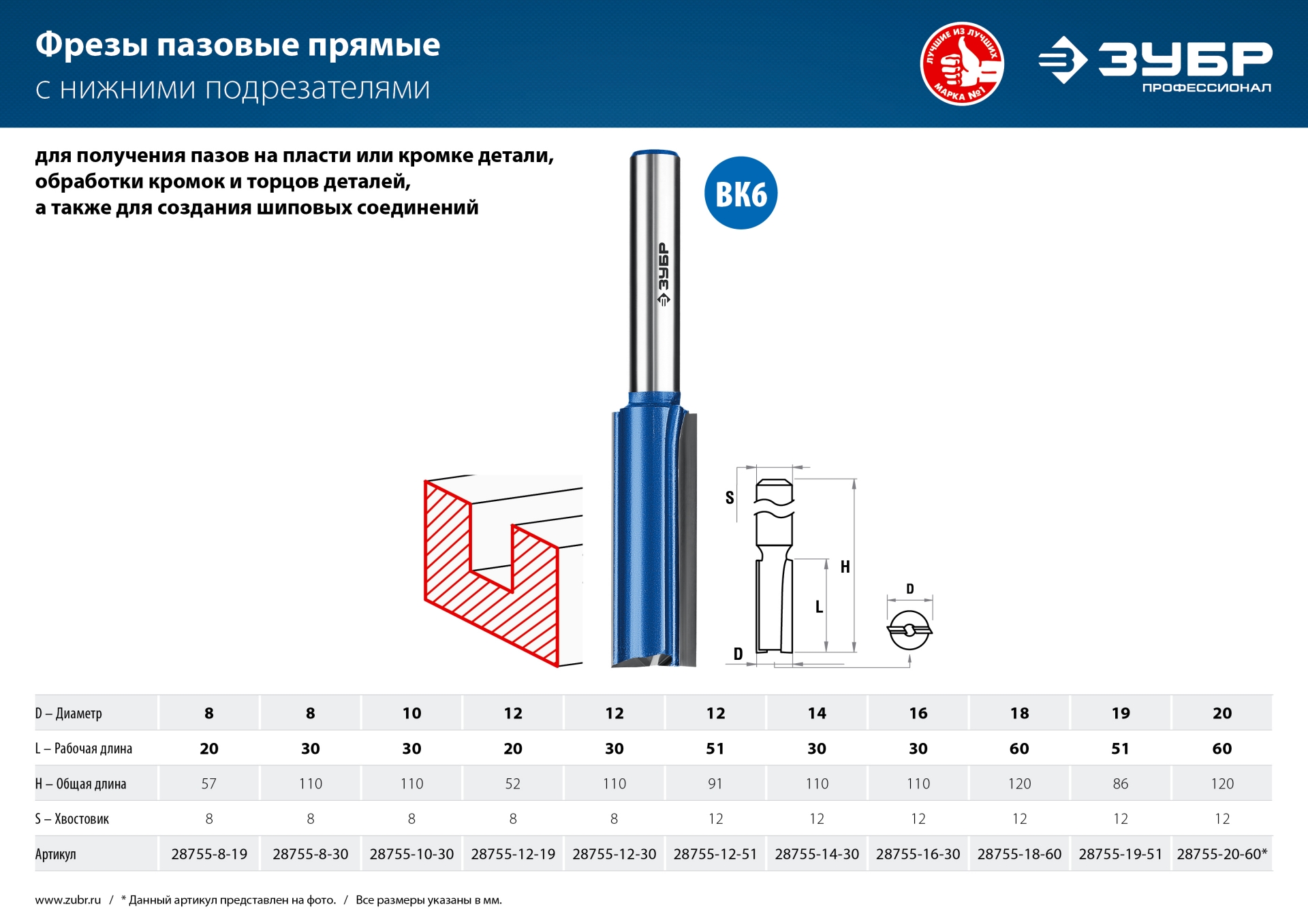 ЗУБР 8 x 30 мм, хвостовик 8 мм, фреза пазовая прямая с нижними подрезателями, Профессионал (28755-8-30) — фото 5