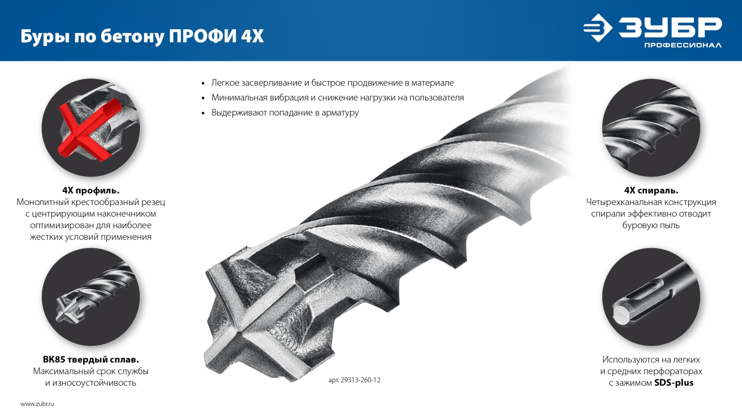 ЗУБР ПРОФИ-4Х 22x310 мм, SDS-plus бур (29313-310-22) — фото 10