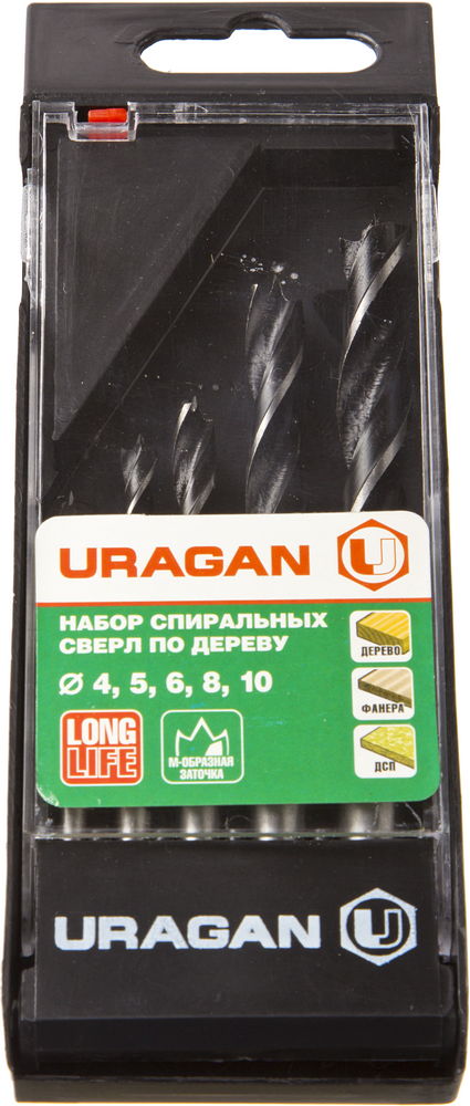 URAGAN 5 шт: 4-5-6-8-10 мм, набор спиральных сверл по дереву (29419-H5) — фото 2
