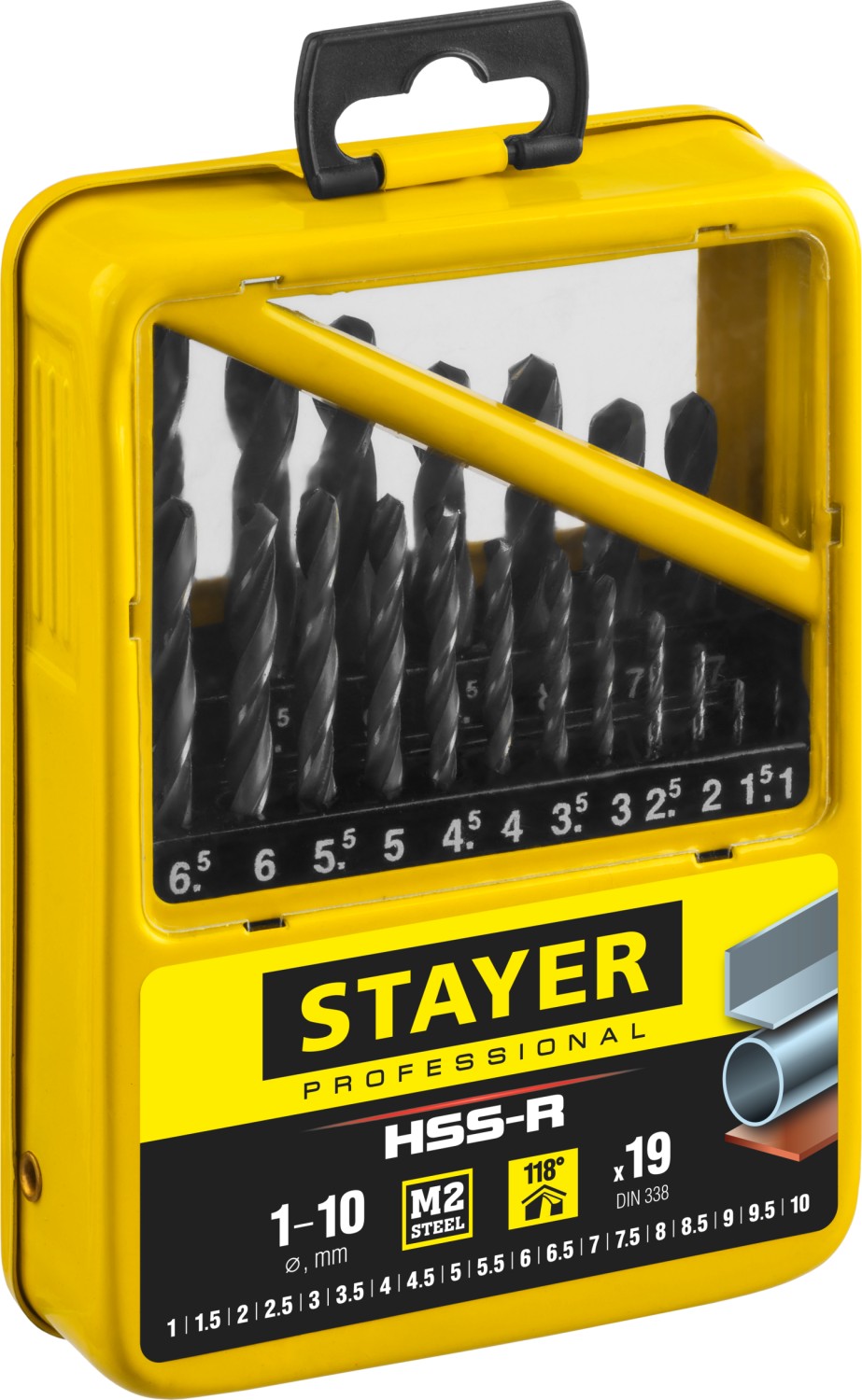 STAYER HSS-R, 19 шт, (1-10 мм), быстрорежущая сталь P6M5, класс В, мет.бокс, набор сверл по металлу, Professional (29602-H19-M) — фото 2