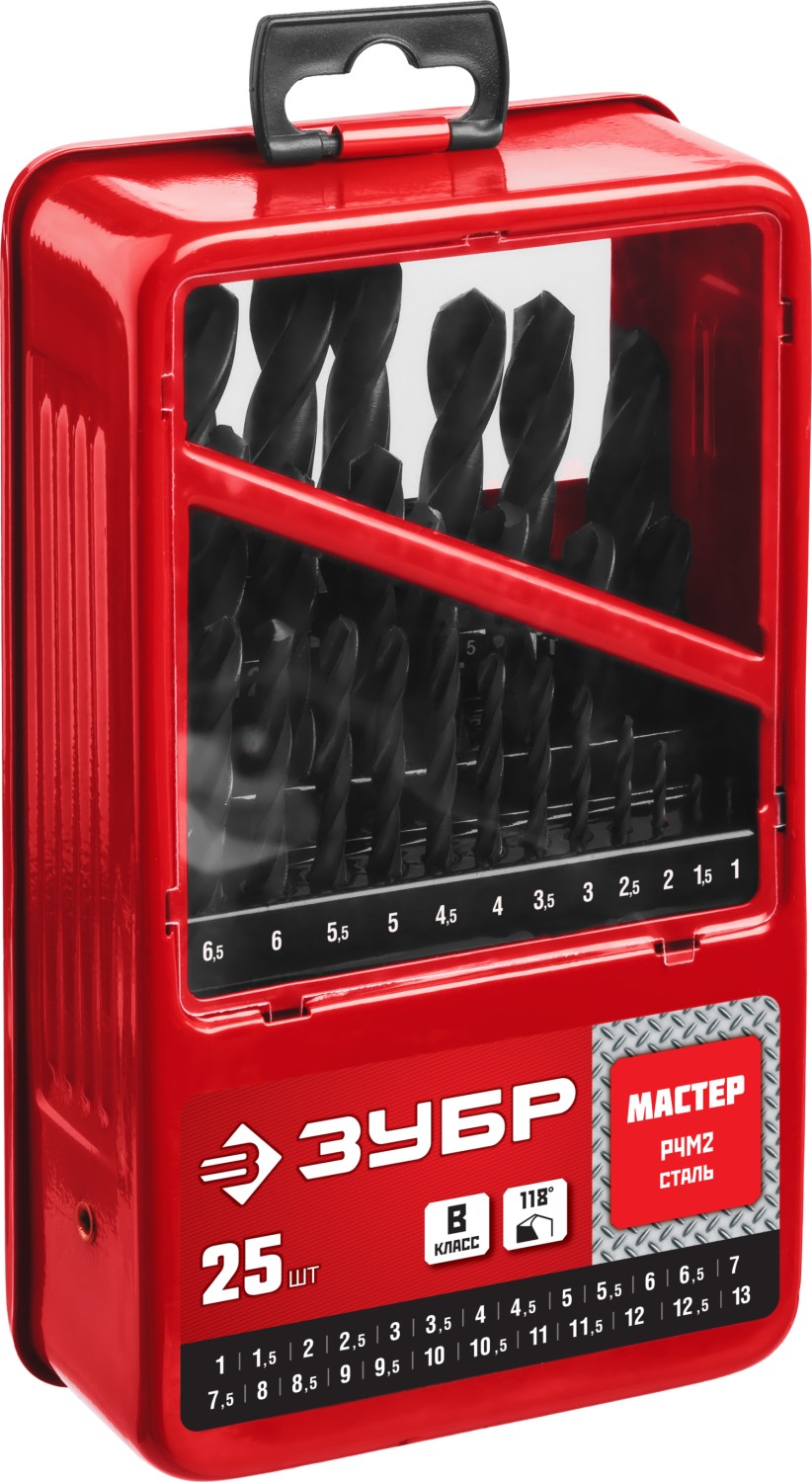 ЗУБР 25 шт, (1-13 мм), сталь Р4М2, класс В, мет.бокс, набор сверл по металлу (29605-H25) — фото 3