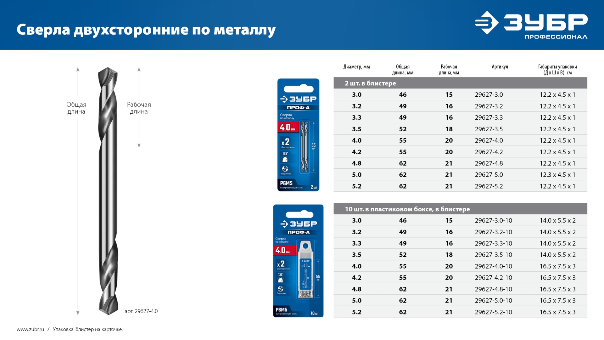 ЗУБР Проф-А 3.0х46мм, сверло двухстороннее по металлу, сталь Р6М5, класс А, 2шт, Профессионал (29627-3.0) — фото 11