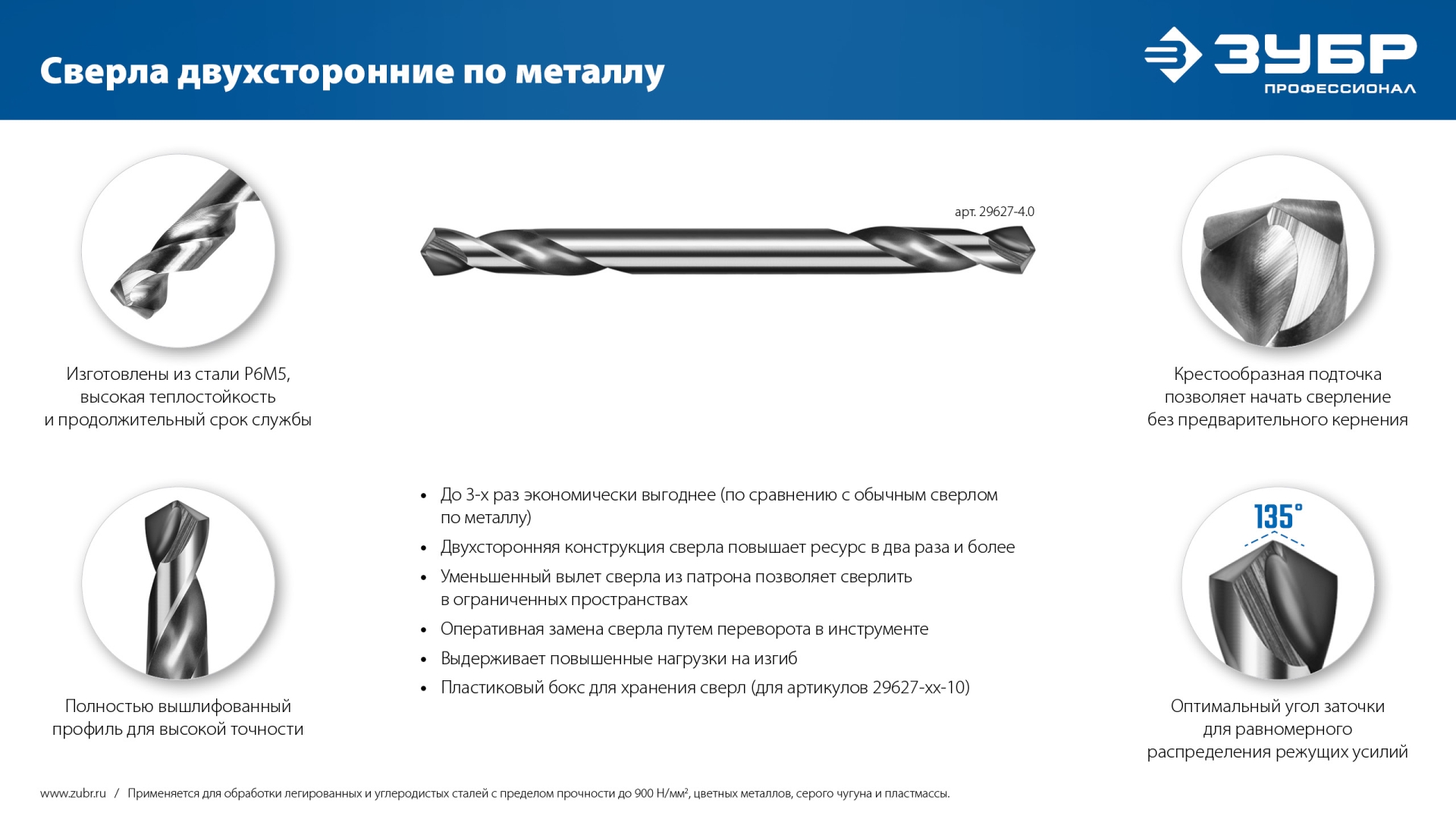 ЗУБР Проф-А 3.5х52мм, сверло двухстороннее по металлу, сталь Р6М5, класс А, 10шт, Профессионал (29627-3.5-10) — фото 10