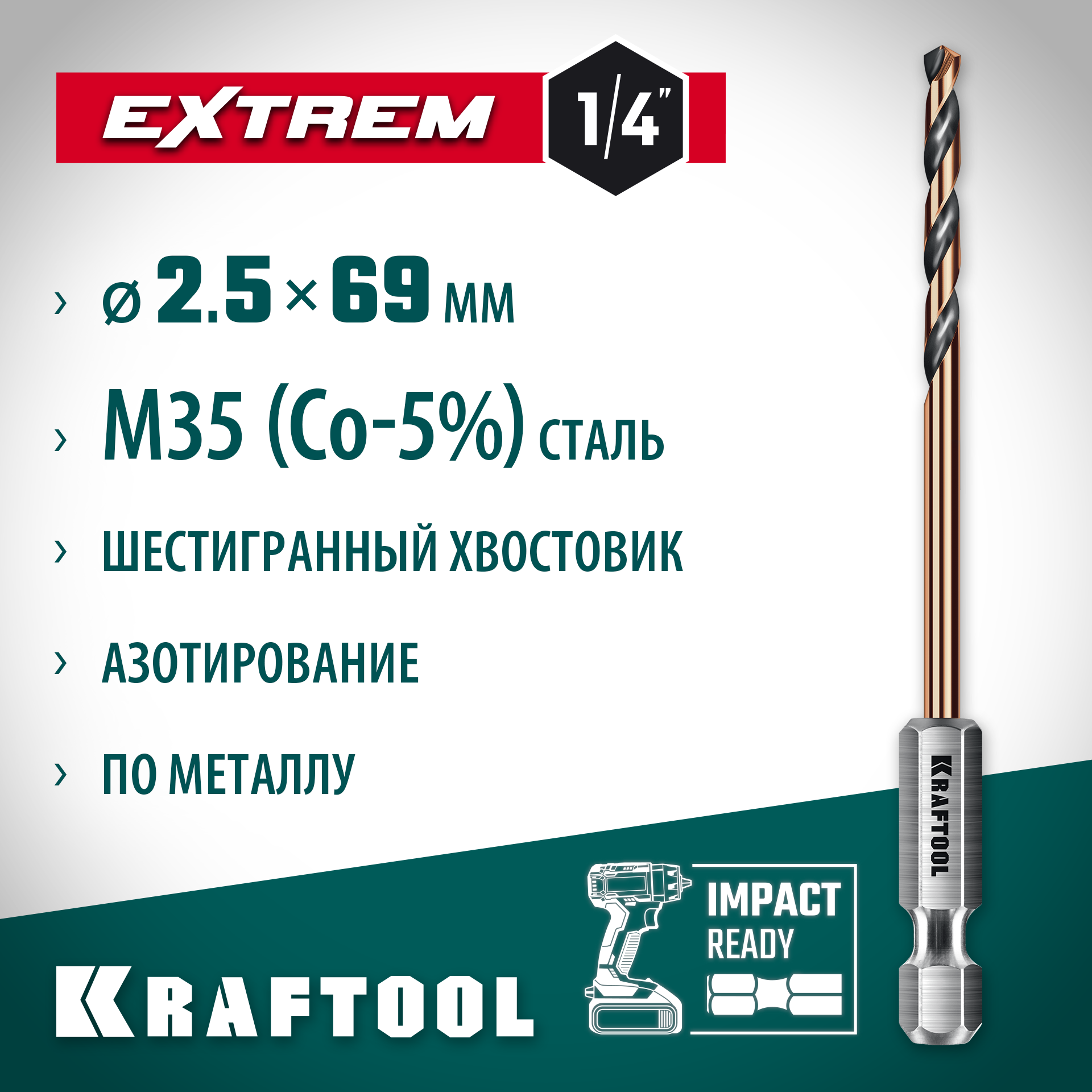 KRAFTOOL НЕХ-1/4″, d 2,5 х 69 мм, сверло по металлу для винтовёртов и шуруповертов IMPACT READY (29652-2.5) — фото 2