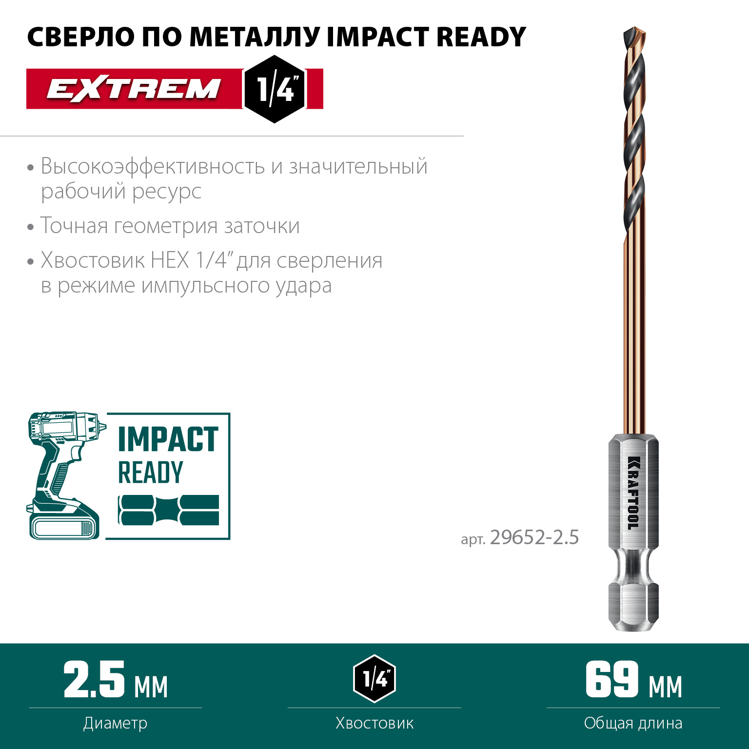 KRAFTOOL НЕХ-1/4″, d 2,5 х 69 мм, сверло по металлу для винтовёртов и шуруповертов IMPACT READY (29652-2.5) — фото 3