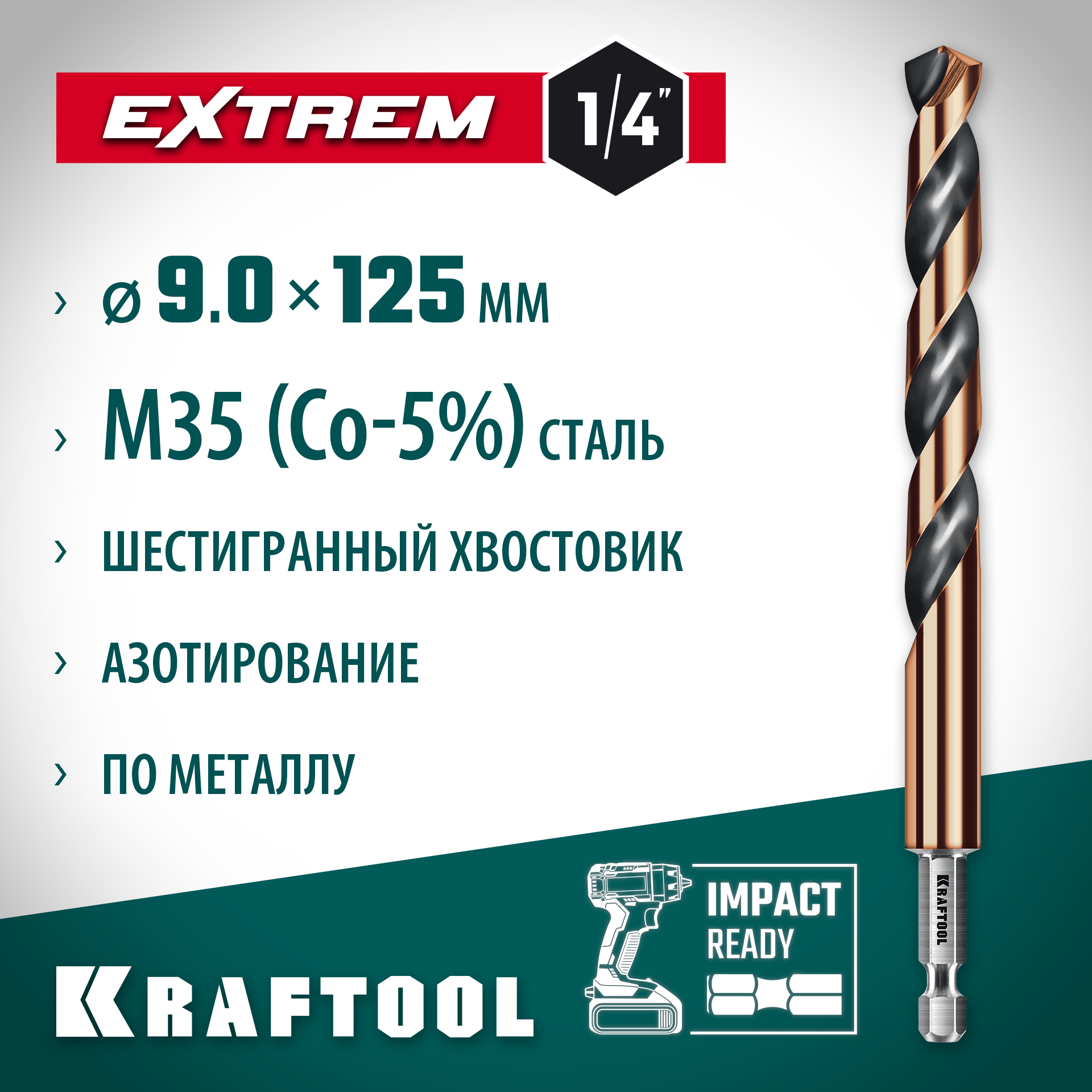 KRAFTOOL НЕХ-1/4″, d 9.0 х 125 мм, сверло по металлу для винтовёртов и шуруповертов IMPACT READY (29652-9) — фото 2