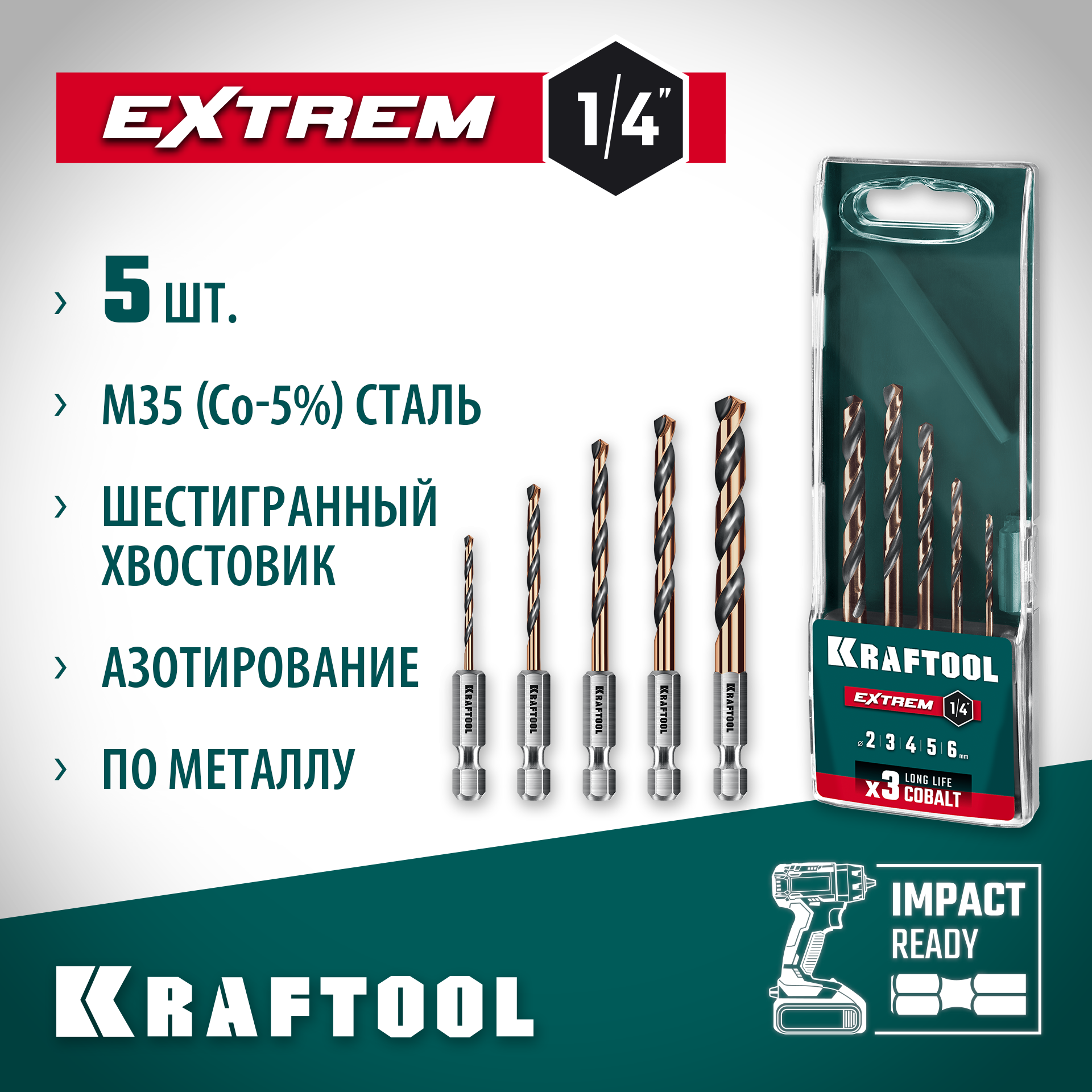 KRAFTOOL НЕХ-1/4″, 5 шт, набор сверл по металлу для винтовёртов и шуруповертов IMPACT READY (29652-H5) — фото 2