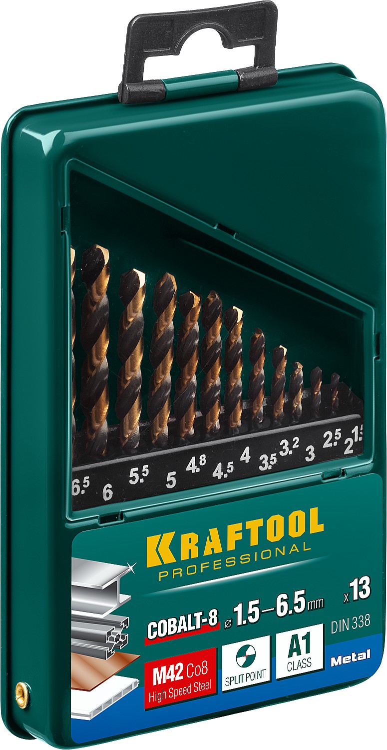KRAFTOOL COBALT-8, 13 шт, (1.5-6.5 мм), сталь М42, HSS-Co(8%), набор сверл по металлу (29656-H13) — фото 2