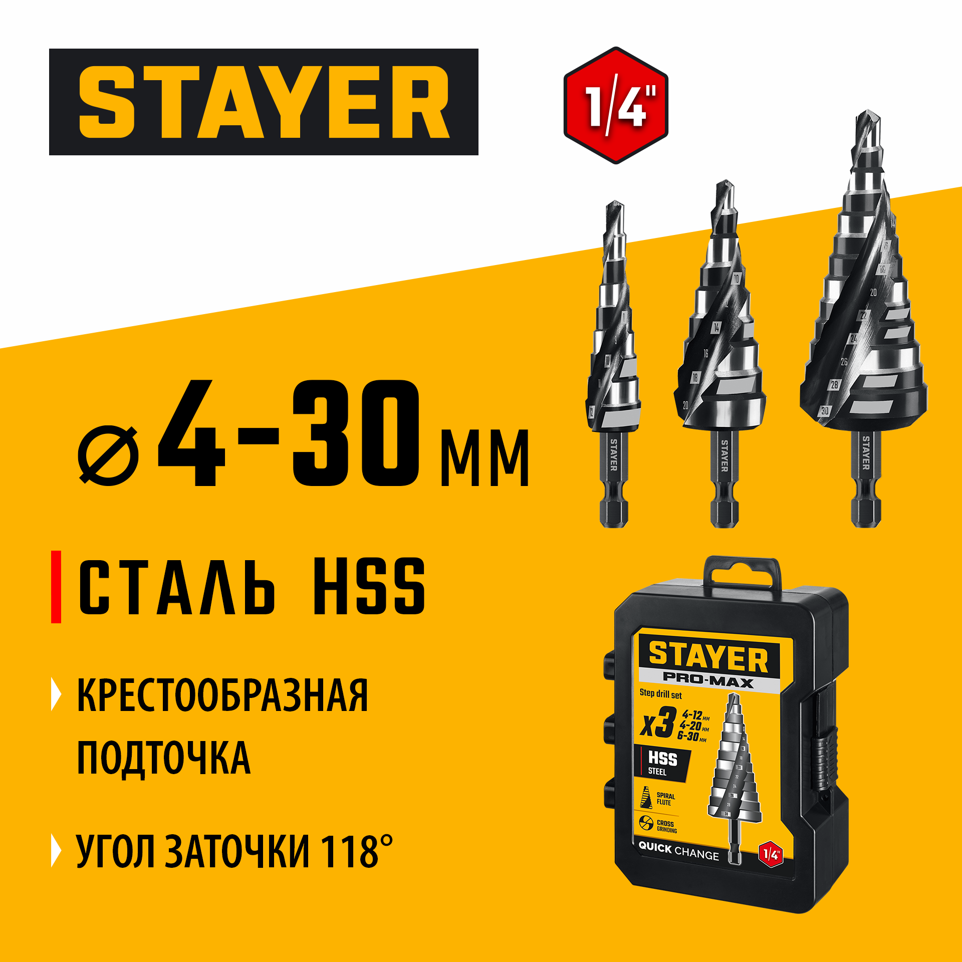 STAYER Pro-Max 3 шт, 4-30мм, винтовая спираль, набор сверл ступенчатых (29661-4-30-H3) — фото 2
