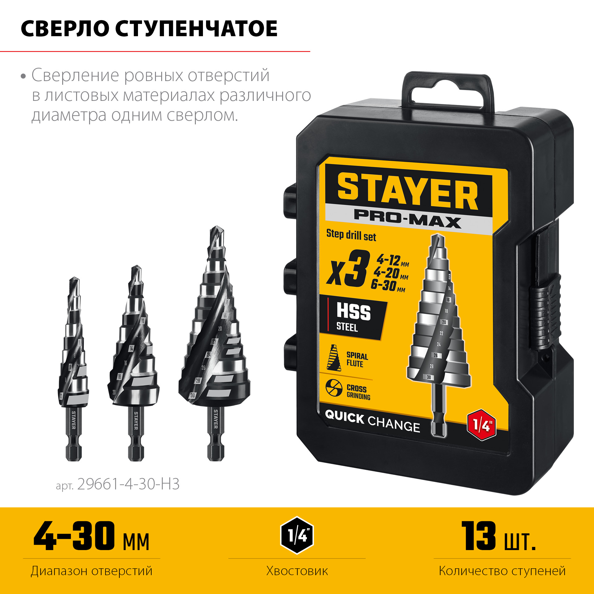 STAYER Pro-Max 3 шт, 4-30мм, винтовая спираль, набор сверл ступенчатых (29661-4-30-H3) — фото 3