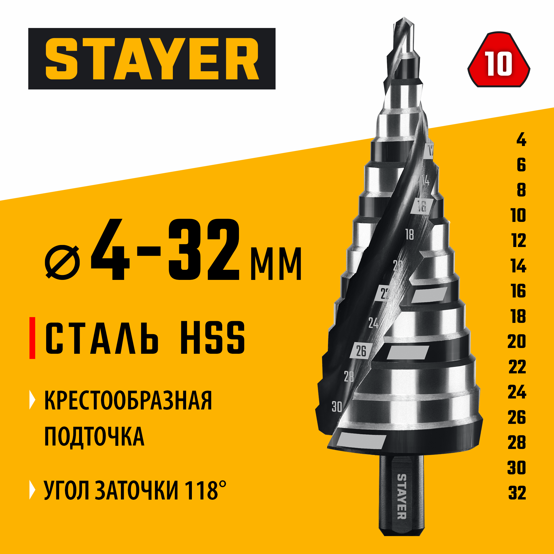 STAYER Pro-Max 4-32мм, 15 ступеней, винтовая спираль, сверло ступенчатое (29661-4-32-15) — фото 2