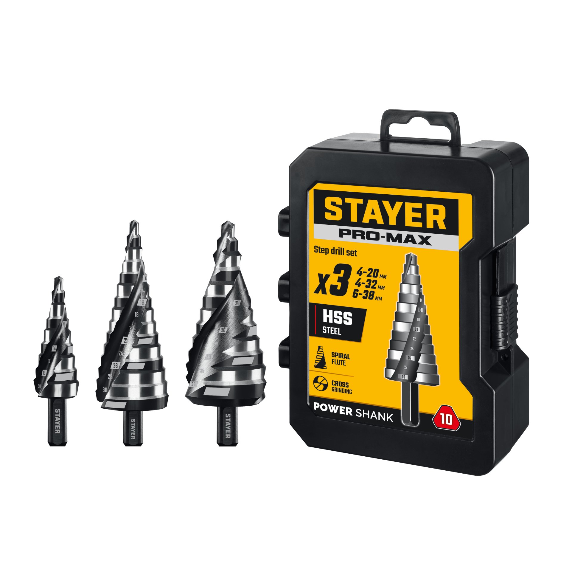 STAYER Pro-Max 3 шт, 4-38мм, винтовая спираль, набор сверл ступенчатых (29661-4-38-H3)
