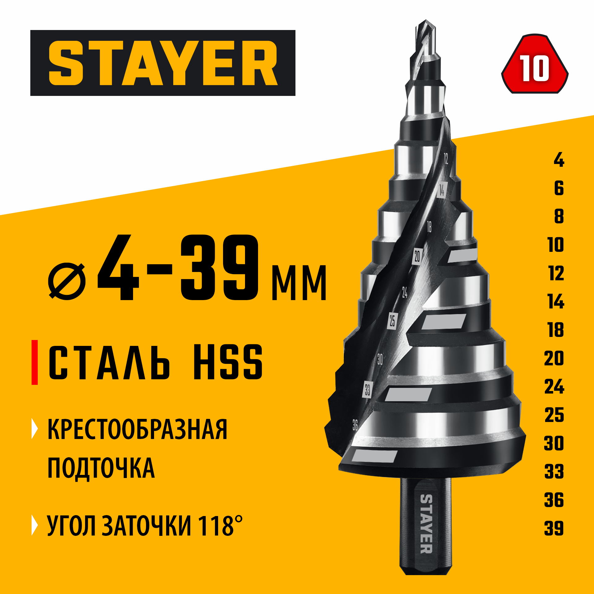 STAYER Pro-Max 4-39мм, 14 ступеней, винтовая спираль, сверло ступенчатое (29661-4-39-14) — фото 2