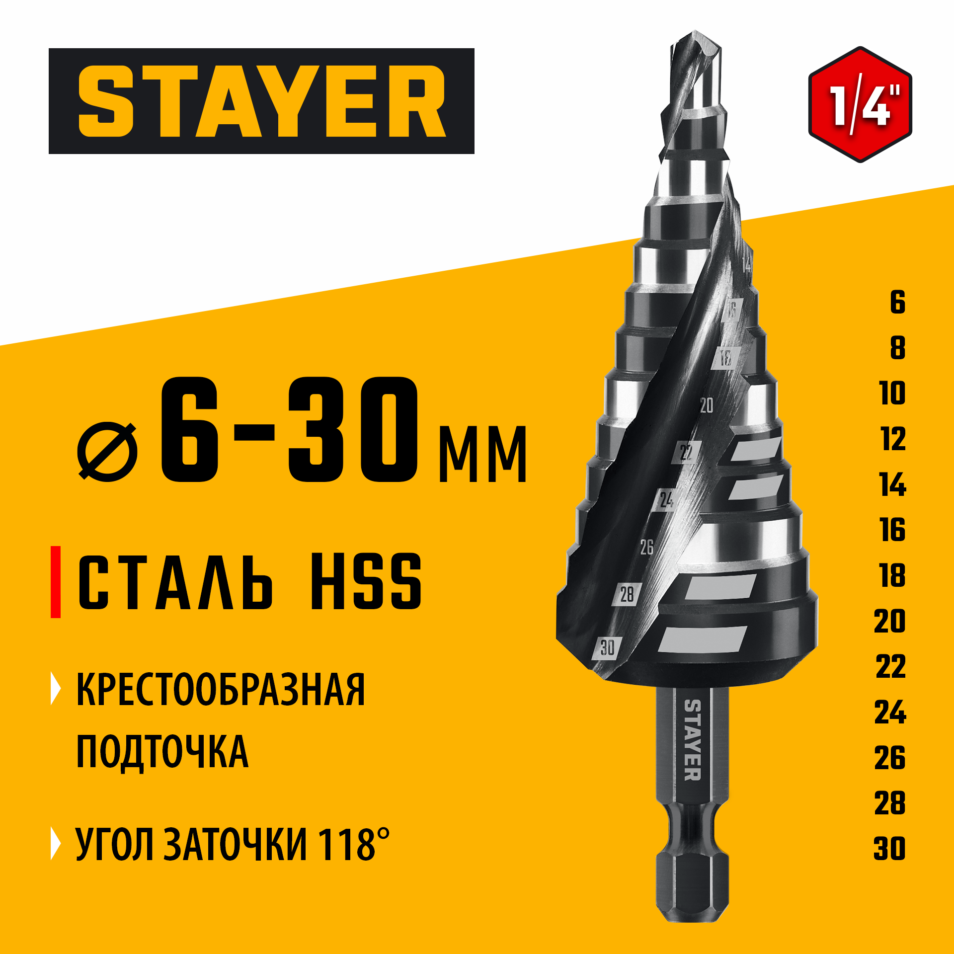 STAYER Pro-Max 6-30мм, 13 ступеней, винтовая спираль, сверло ступенчатое (29661-6-30-13) — фото 2