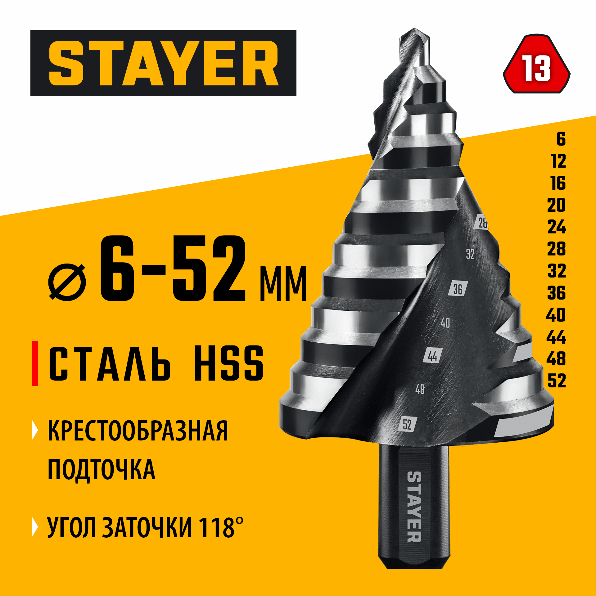 STAYER Pro-Max 6-52мм, 12 ступеней, винтовая спираль, сверло ступенчатое (29661-6-52-12) — фото 2