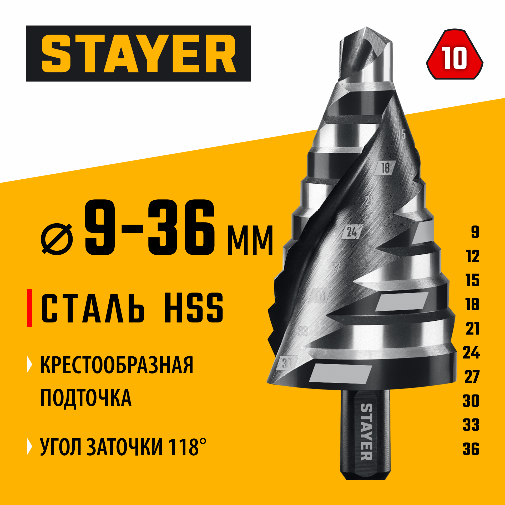 STAYER Pro-Max 9-36мм, 10 ступеней, винтовая спираль, сверло ступенчатое (29661-9-36-10) — фото 2
