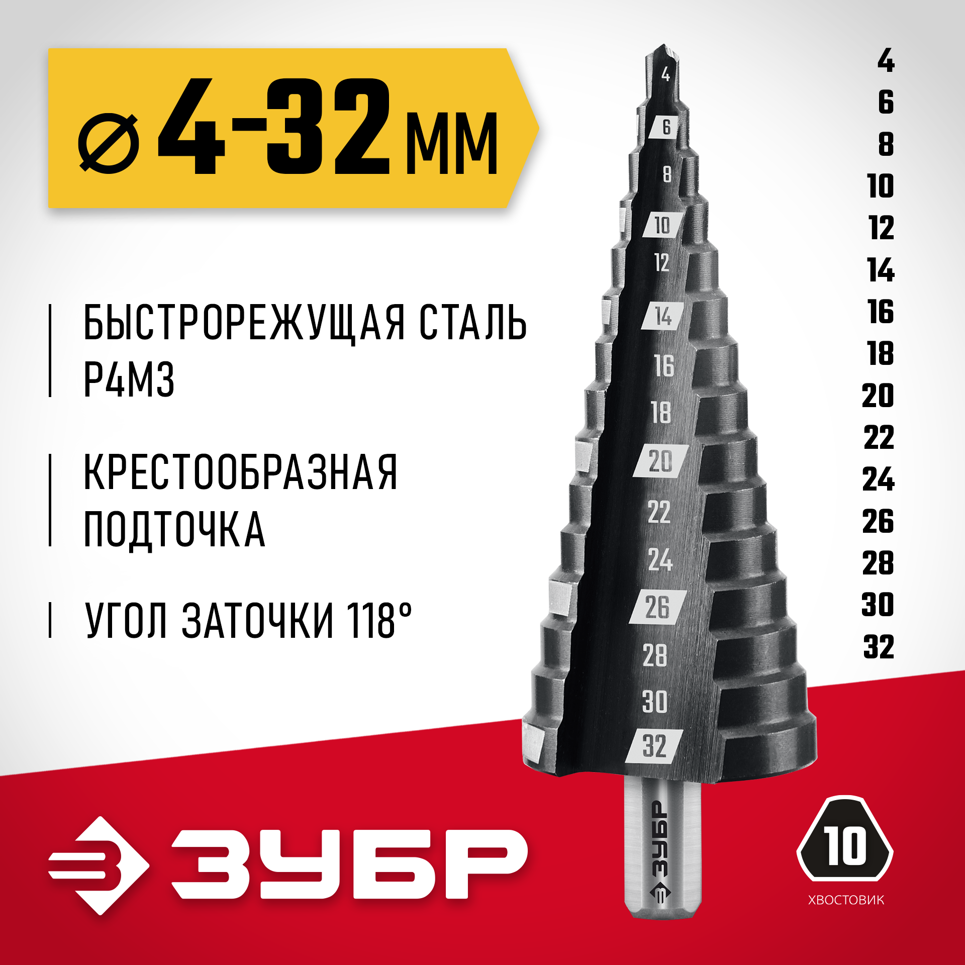 ЗУБР 4-32мм, 15 ступеней, сверло ступенчатое (29665-4-32-15) — фото 2
