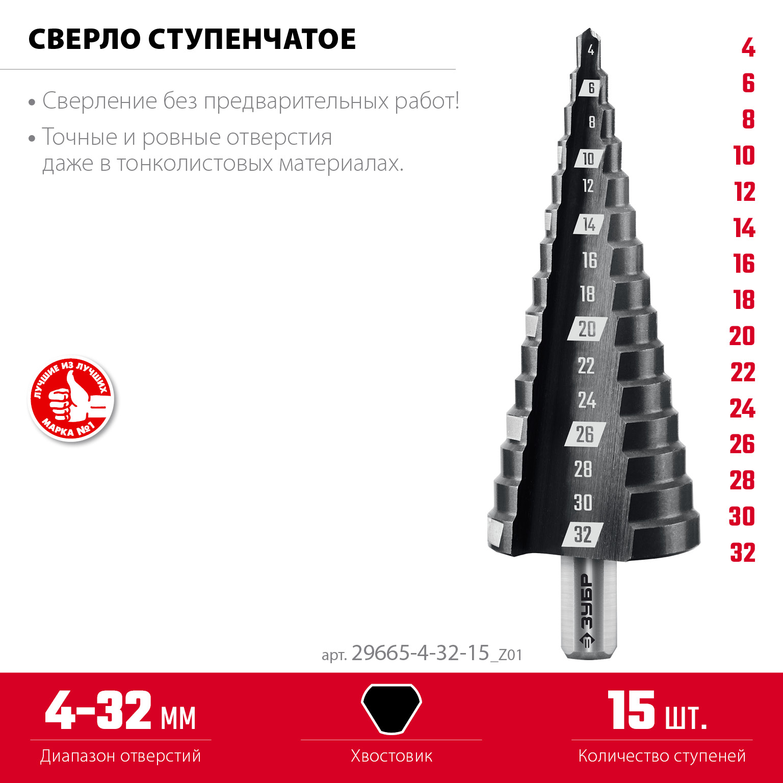 ЗУБР 4-32мм, 15 ступеней, сверло ступенчатое (29665-4-32-15) — фото 3