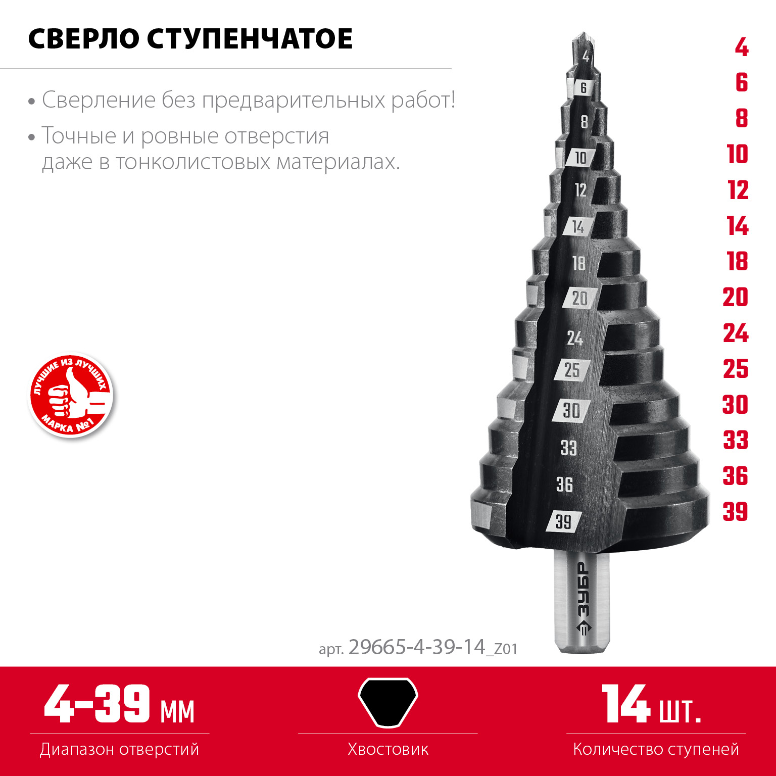 ЗУБР 4-39мм, 14 ступеней, сверло ступенчатое(29665-4-39-14) — фото 3