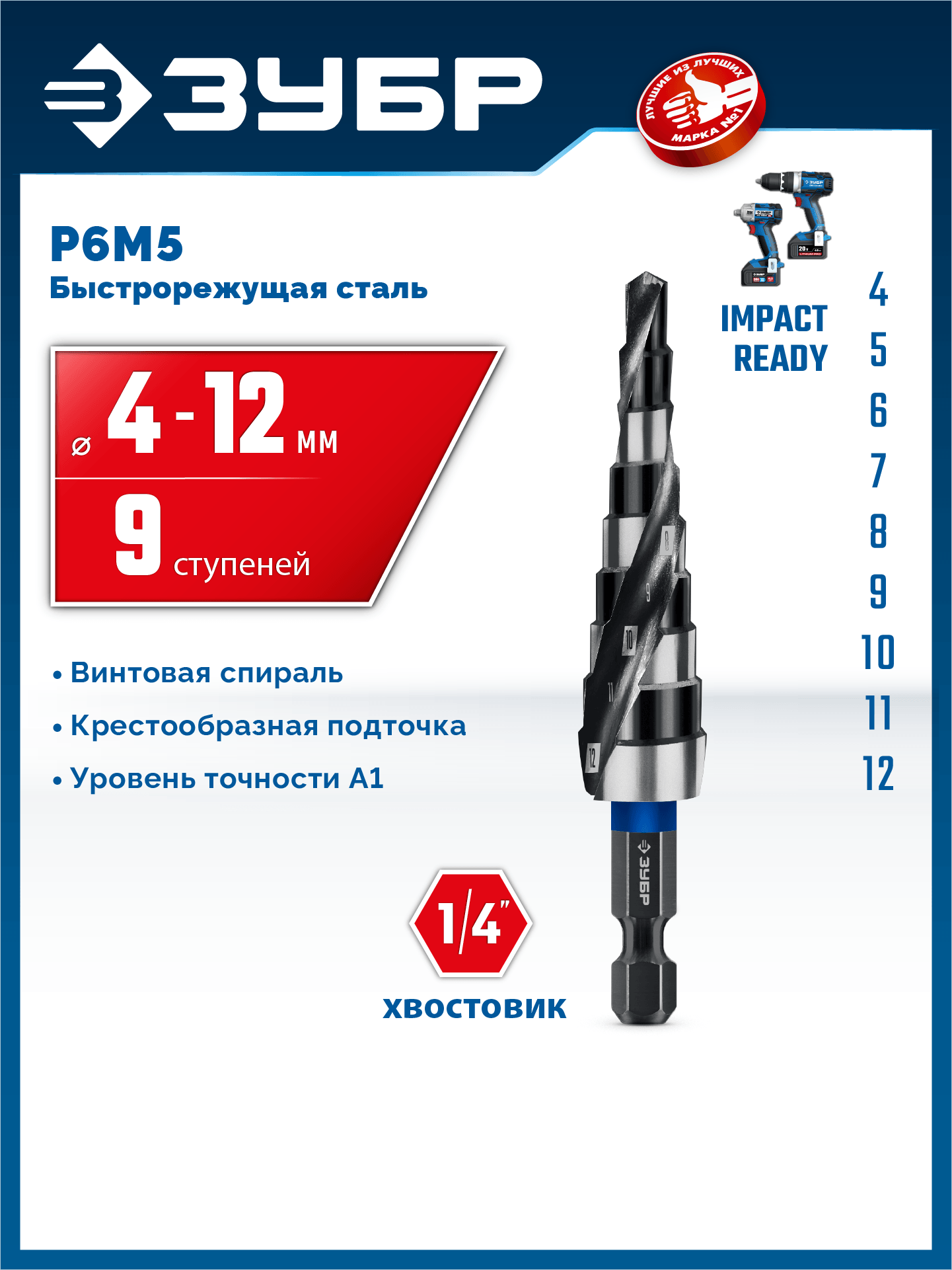 ЗУБР BLACK FORCE 4-12мм, 9 ступеней, винтовая проточка, сверло ступенчатое, ПРОФЕССИОНАЛ (29671-4-12-9) — фото 2