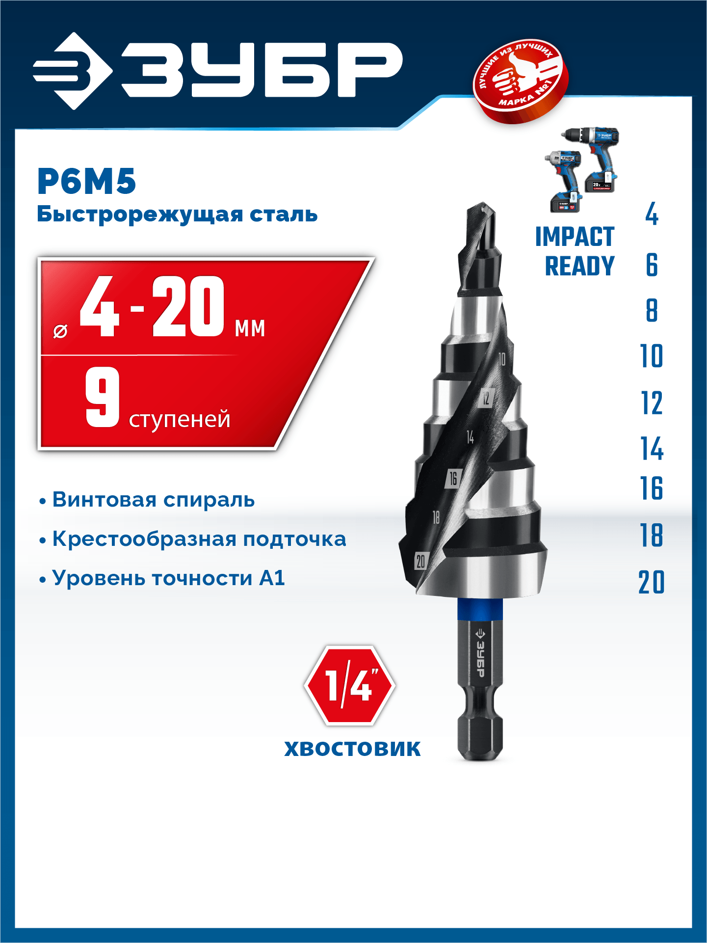 ЗУБР BLACK FORCE 4-20мм, 9 ступеней, винтовая проточка, сверло ступенчатое, ПРОФЕССИОНАЛ (29671-4-20-9) — фото 2