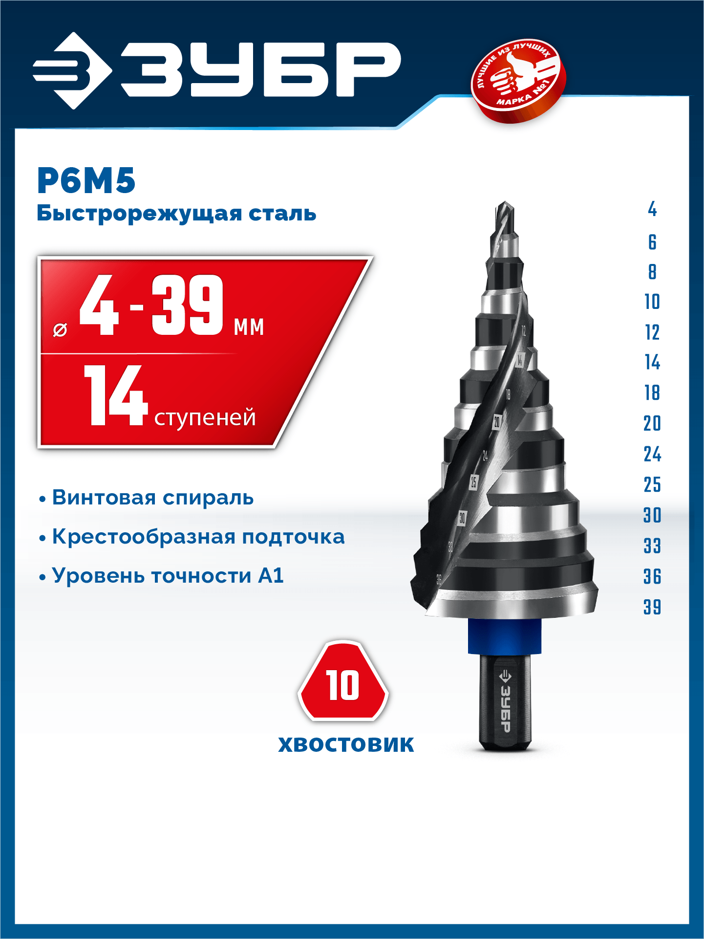 ЗУБР BLACK FORCE 4-39мм, 14 ступеней, винтовая проточка, сверло ступенчатое, ПРОФЕССИОНАЛ (29671-4-39-14) — фото 2