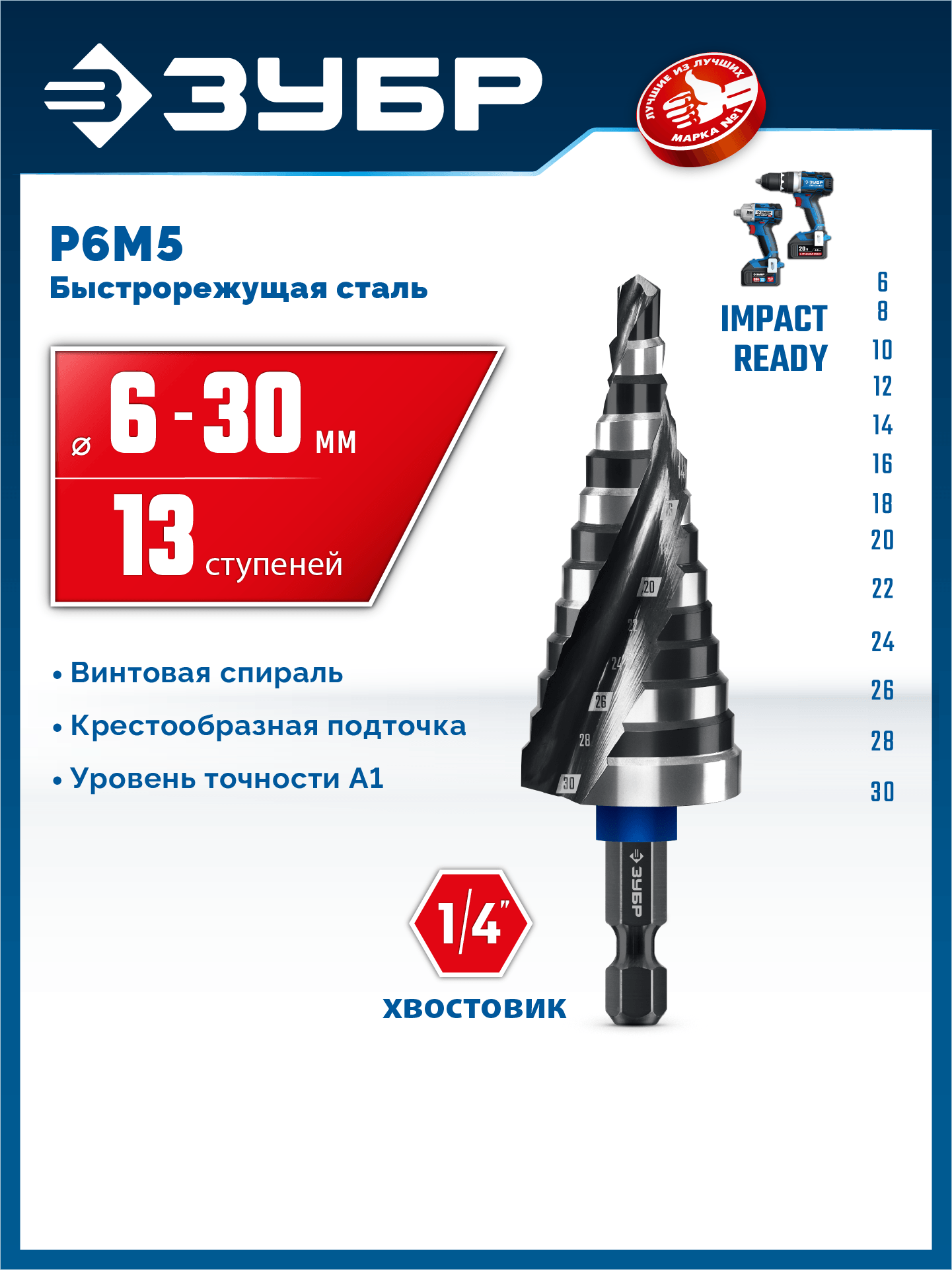 ЗУБР BLACK FORCE 6-30мм, 13 ступеней, винтовая проточка, сверло ступенчатое, ПРОФЕССИОНАЛ (29671-6-30-13) — фото 2