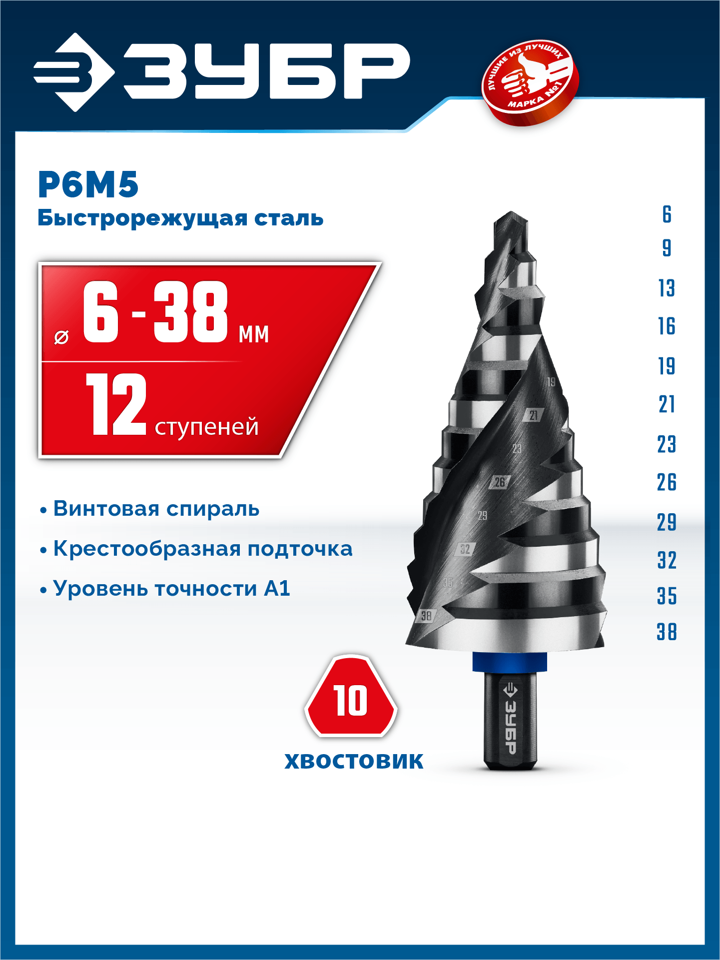 ЗУБР BLACK FORCE 6-38мм, 12 ступеней, винтовая проточка, сверло ступенчатое, ПРОФЕССИОНАЛ (29671-6-38-12) — фото 2