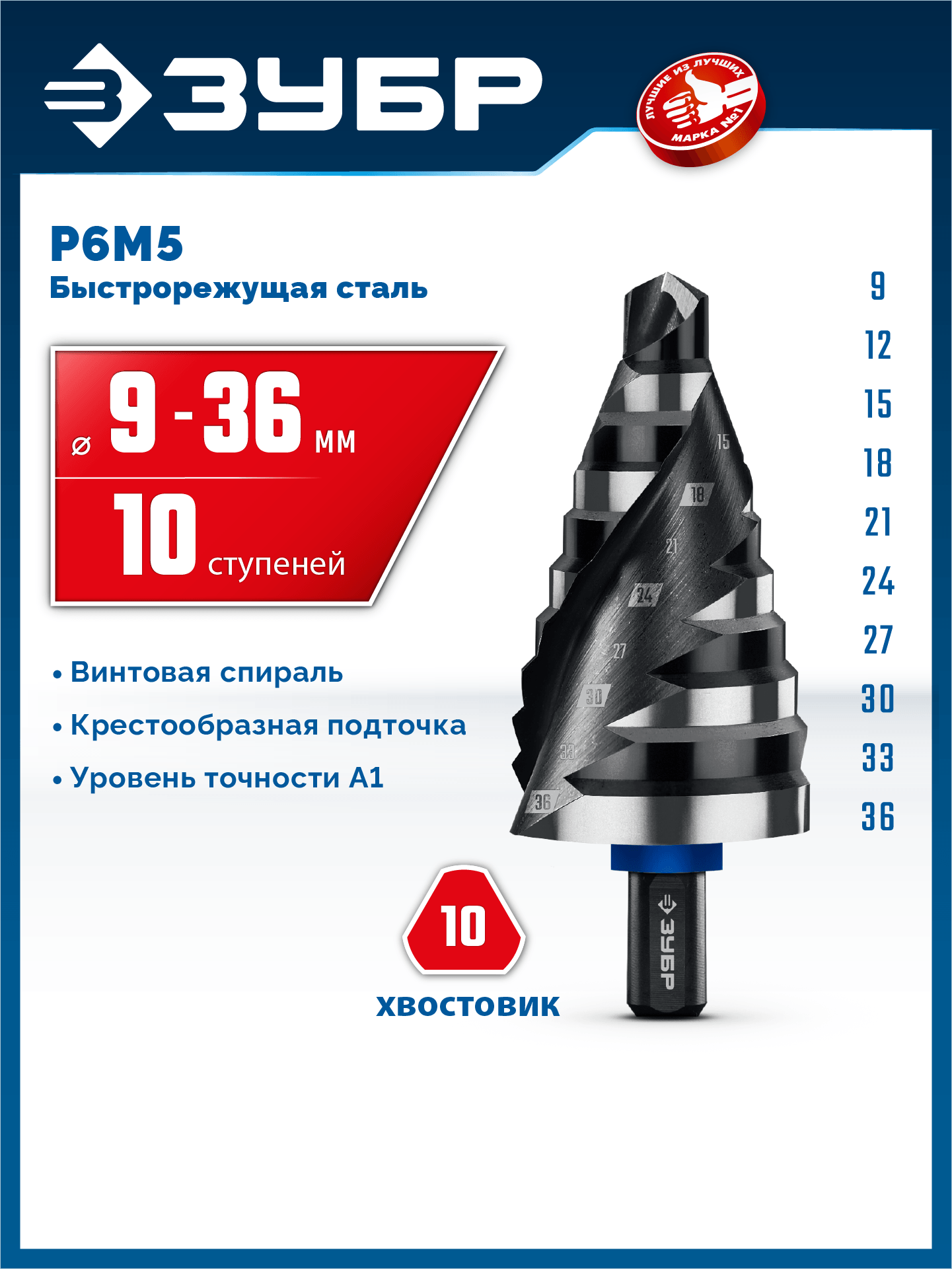 ЗУБР BLACK FORCE 9-36мм, 10 ступеней, винтовая проточка, сверло ступенчатое, ПРОФЕССИОНАЛ (29671-9-36-10) — фото 2