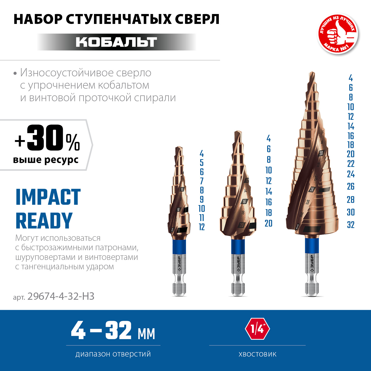 ЗУБР КОБАЛЬТ 3 шт, 4-32мм, винтовая проточка, набор ступенчатых сверл, ПРОФЕССИОНАЛ (29674-4-32-H3) — фото 3