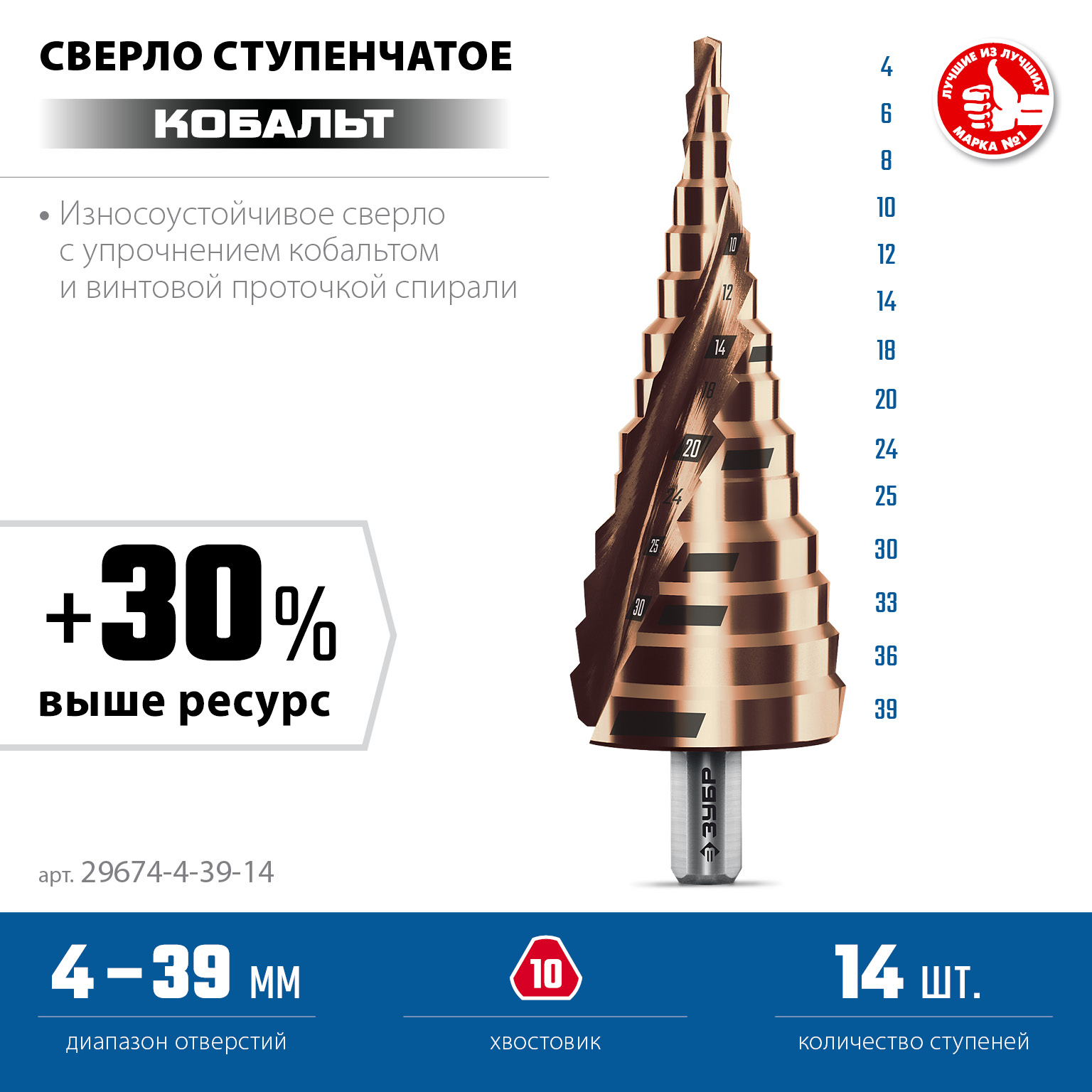 ЗУБР КОБАЛЬТ 4-39мм, 14 ступеней, винтовая проточка, сверло ступенчатое, серия Профессионал(29674-4-39-14) — фото 3