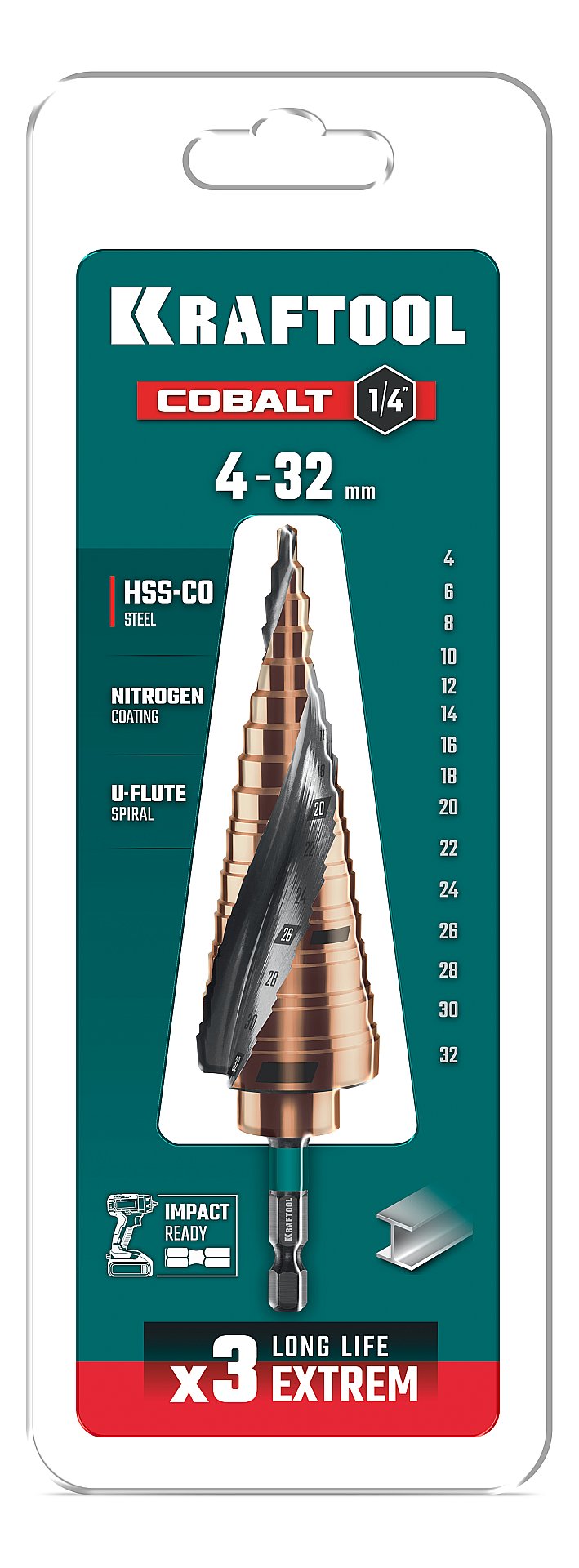 KRAFTOOL COBALT 4-32мм, 15 ступеней, азотирование, винтовая спираль, сверло ступенчатое(29691-4-32-15) — фото 6
