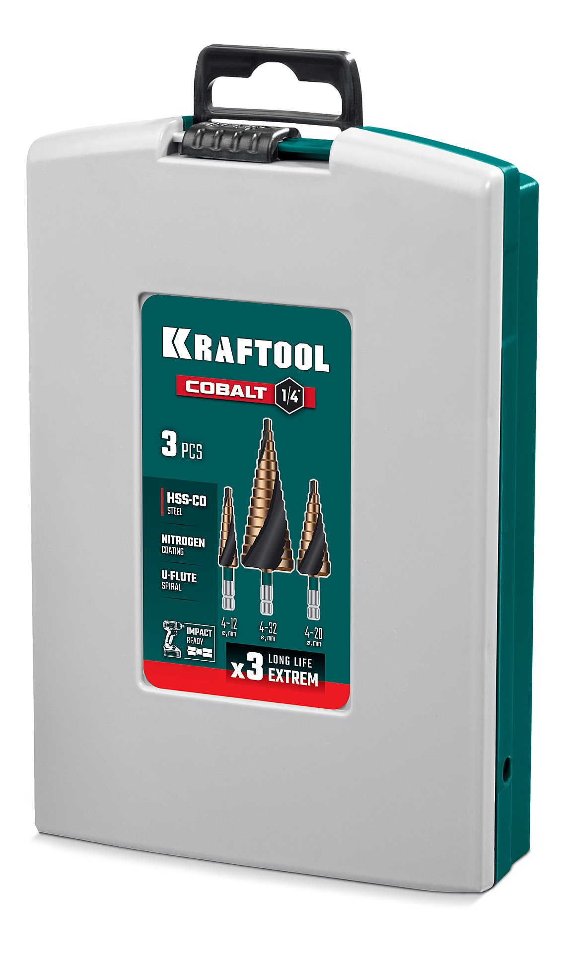 KRAFTOOL COBALT 3 шт., 4-32мм, азотирование, винтовая спираль, набор сверл ступенчатых(29691-4-32-H3) — фото 6