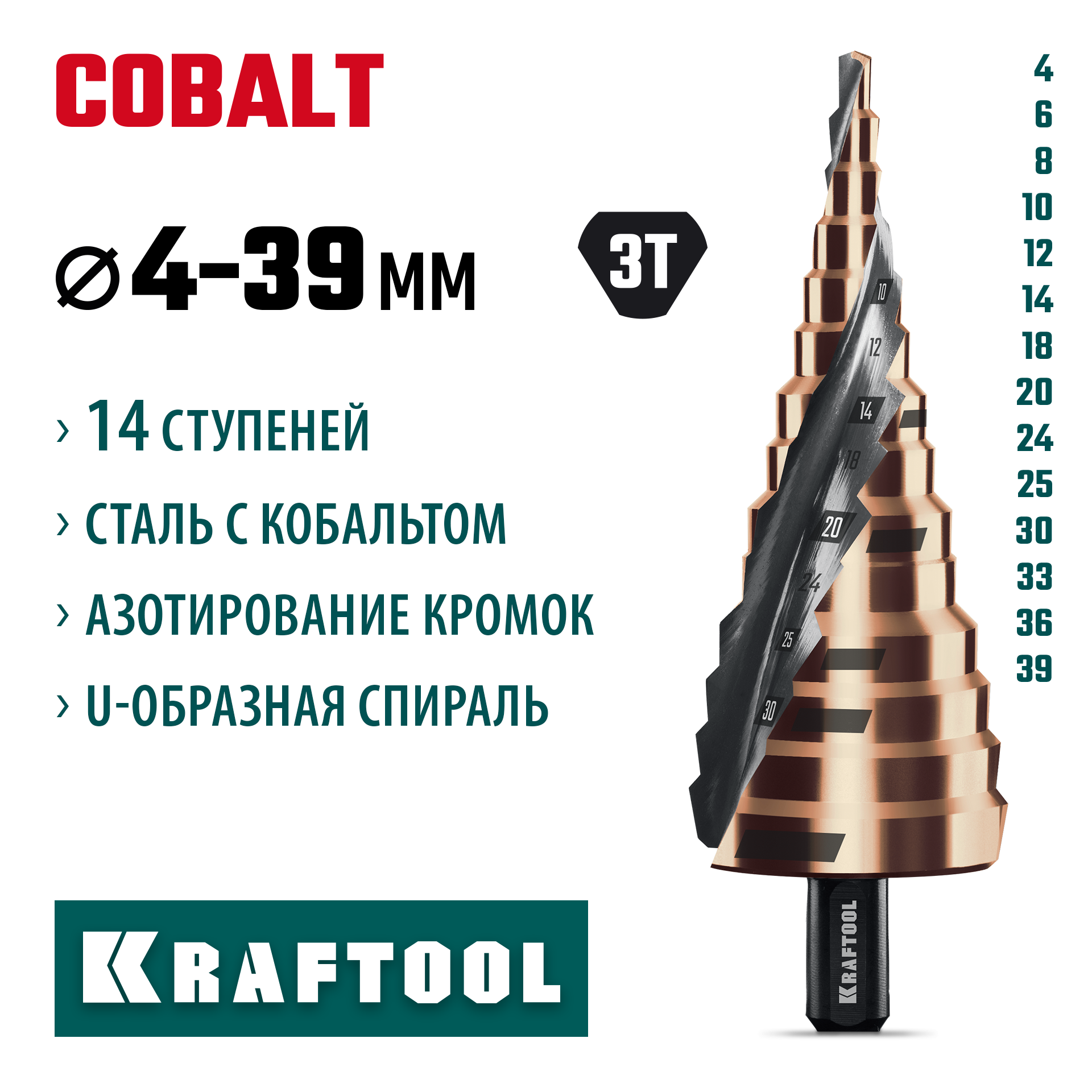 KRAFTOOL COBALT 4-39мм, 14 ступеней, азотирование, винтовая спираль, сверло ступенчатое(29691-4-39-14) — фото 2