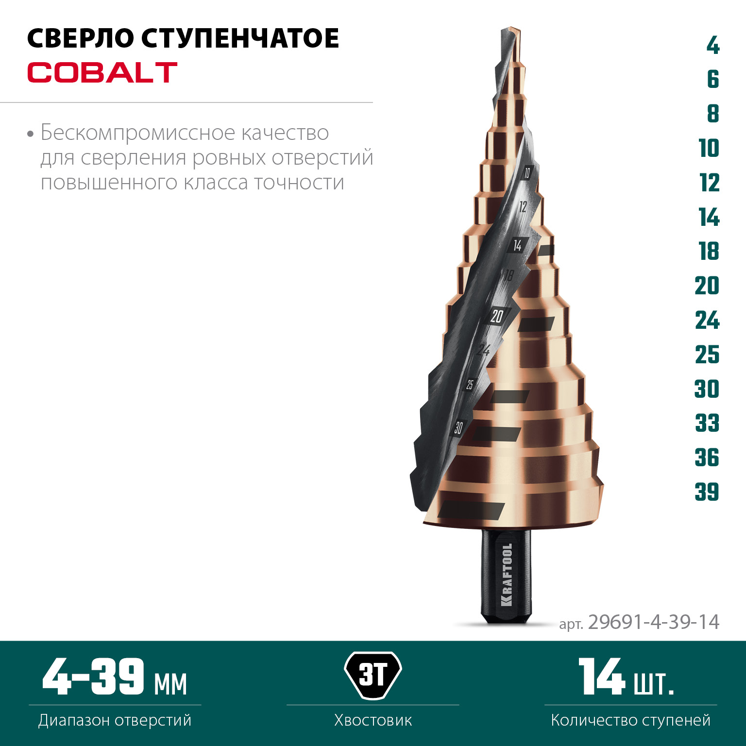 KRAFTOOL COBALT 4-39мм, 14 ступеней, азотирование, винтовая спираль, сверло ступенчатое(29691-4-39-14) — фото 6