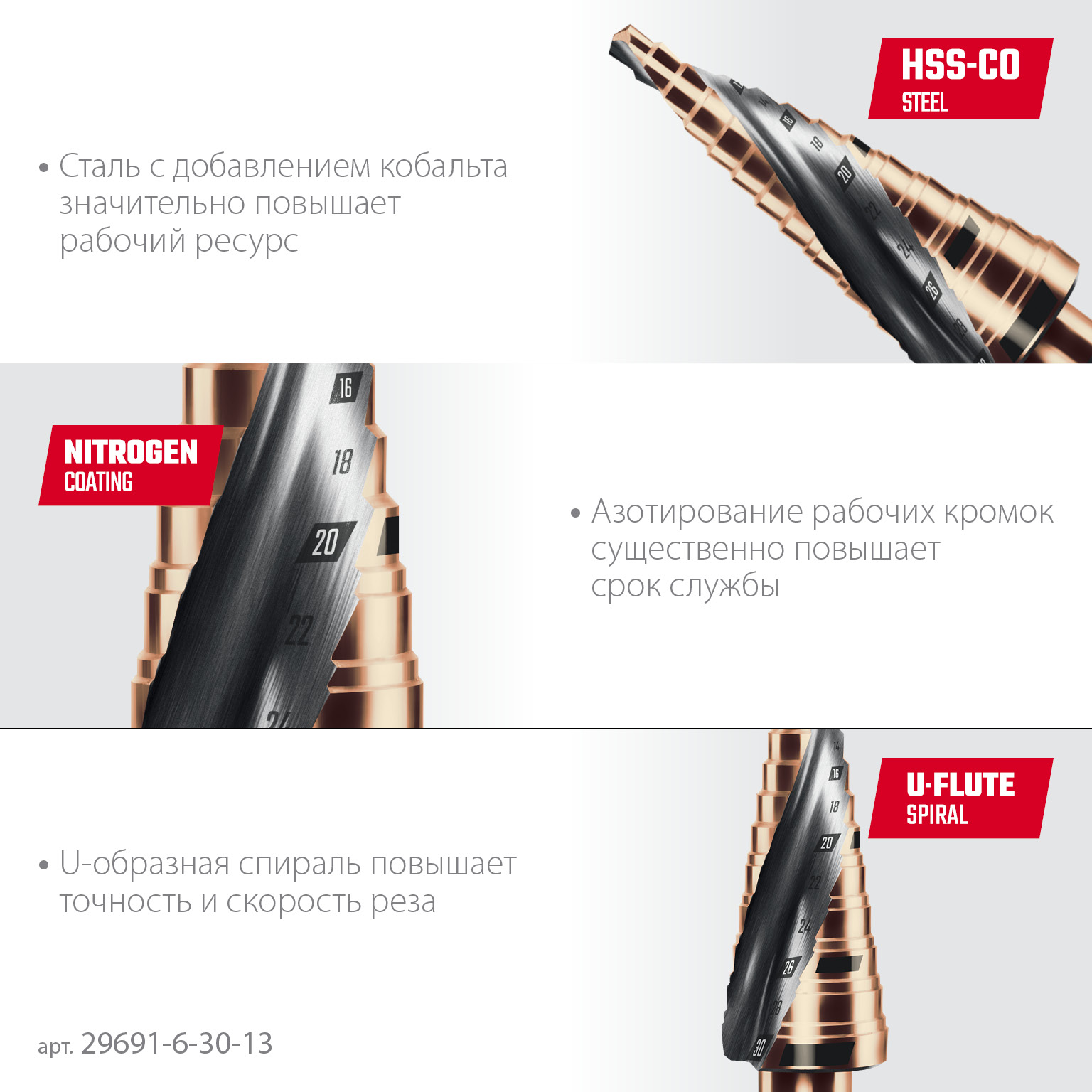 KRAFTOOL COBALT 6-30мм, 13 ступеней, азотирование, винтовая спираль, сверло ступенчатое(29691-6-30-13) — фото 4