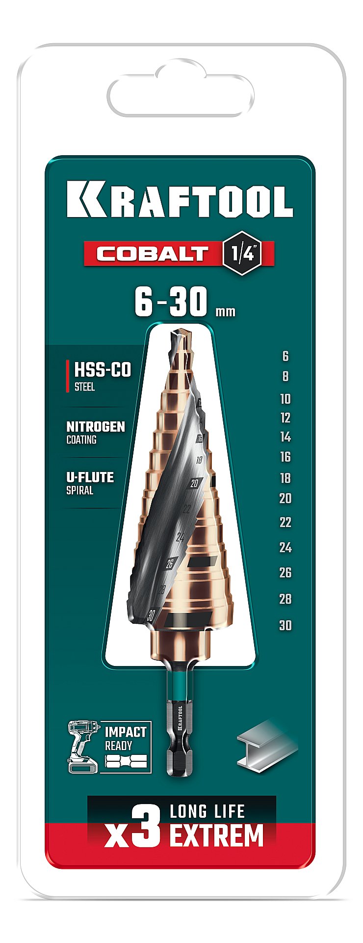 KRAFTOOL COBALT 6-30мм, 13 ступеней, азотирование, винтовая спираль, сверло ступенчатое(29691-6-30-13) — фото 6