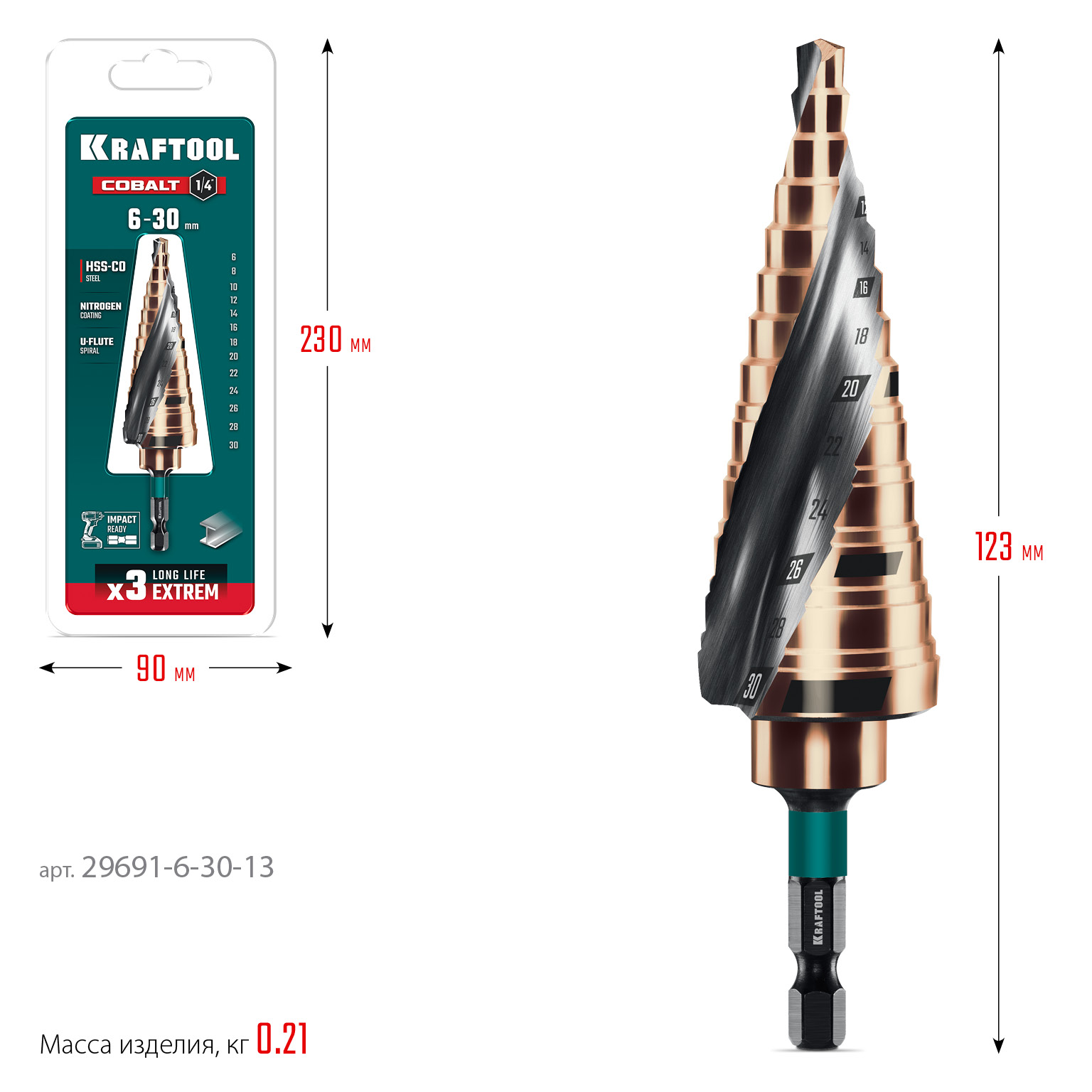 KRAFTOOL COBALT 6-30мм, 13 ступеней, азотирование, винтовая спираль, сверло ступенчатое(29691-6-30-13) — фото 7