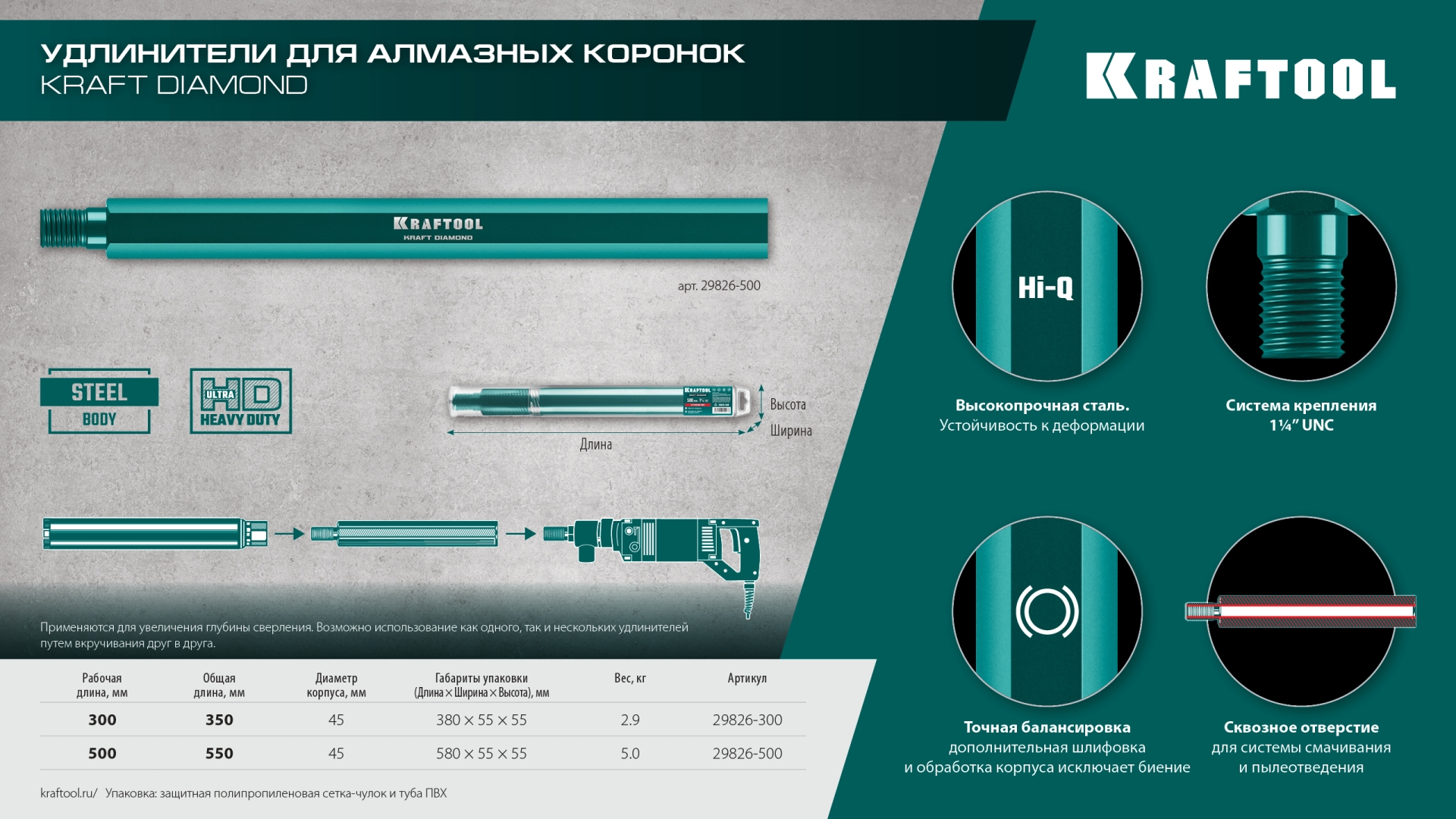 KRAFTOOL L500 мм, стальной, посадка 1 1/4″, Удлинитель для алмазных коронок (29826-500) — фото 8