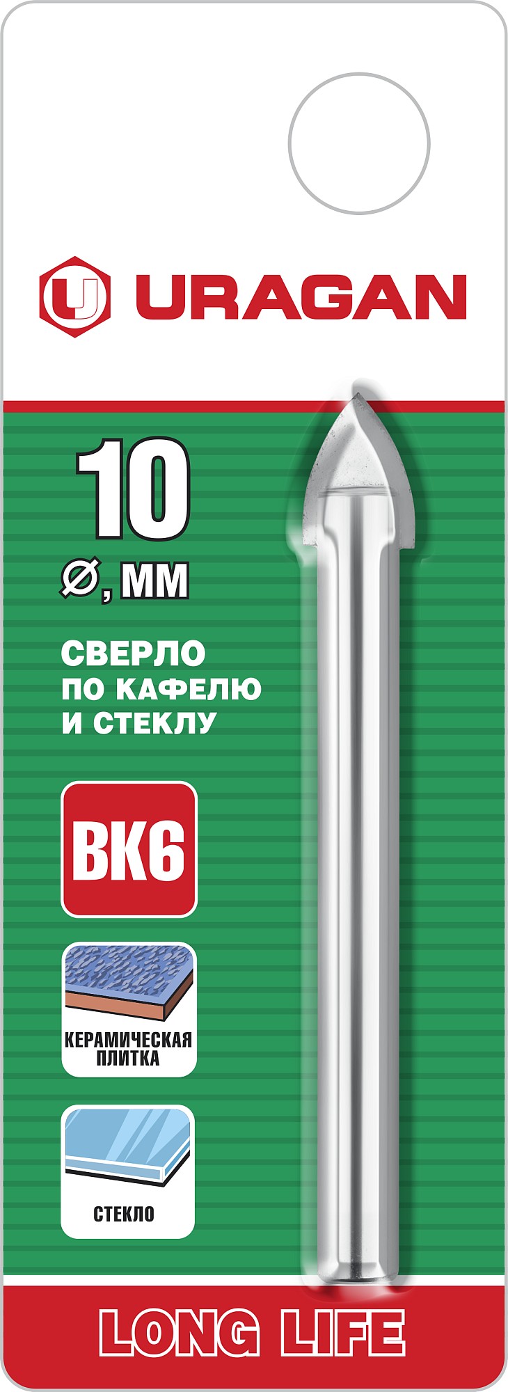 URAGAN 10 мм, 2х кромка, цилиндр хвостовик, Сверло по стеклу и кафелю (29830-10) — фото 2