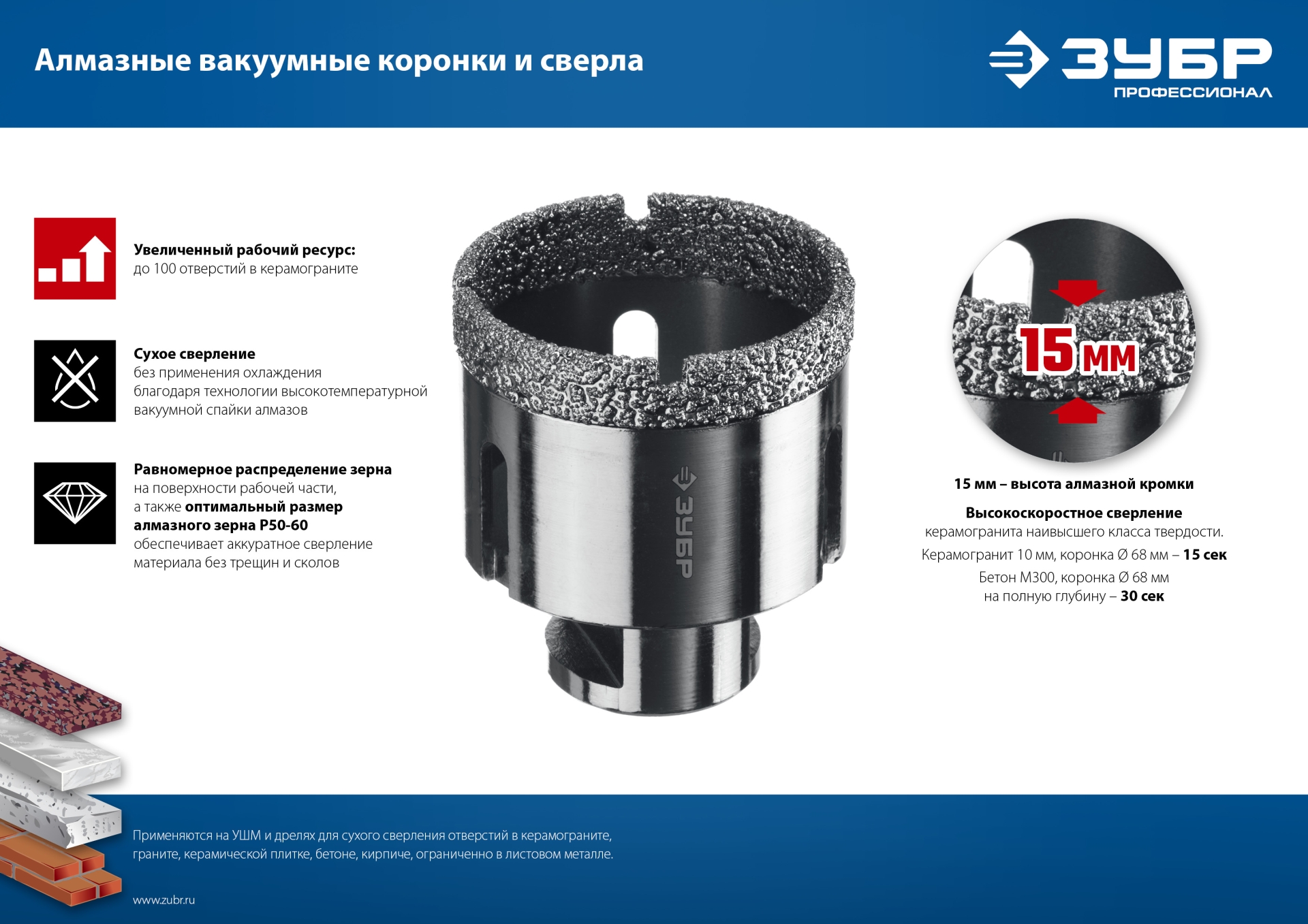 ЗУБР АВК, d 6 мм, (HEX 1/4″, 15 мм кромка), вакуумное алмазное трубчатое сверло, Профессионал (29865-06) — фото 6