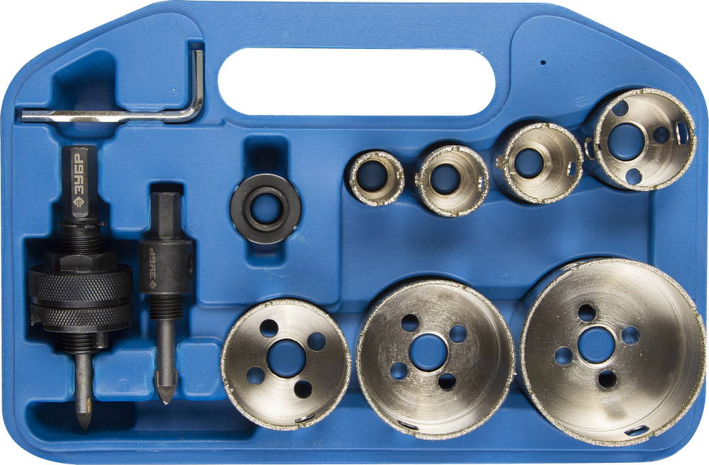 ЗУБР 7 шт, (d 19/25/28/35/45/55/65 мм), набор алмазных коронок с оснасткой, Профессионал (29870-H7)