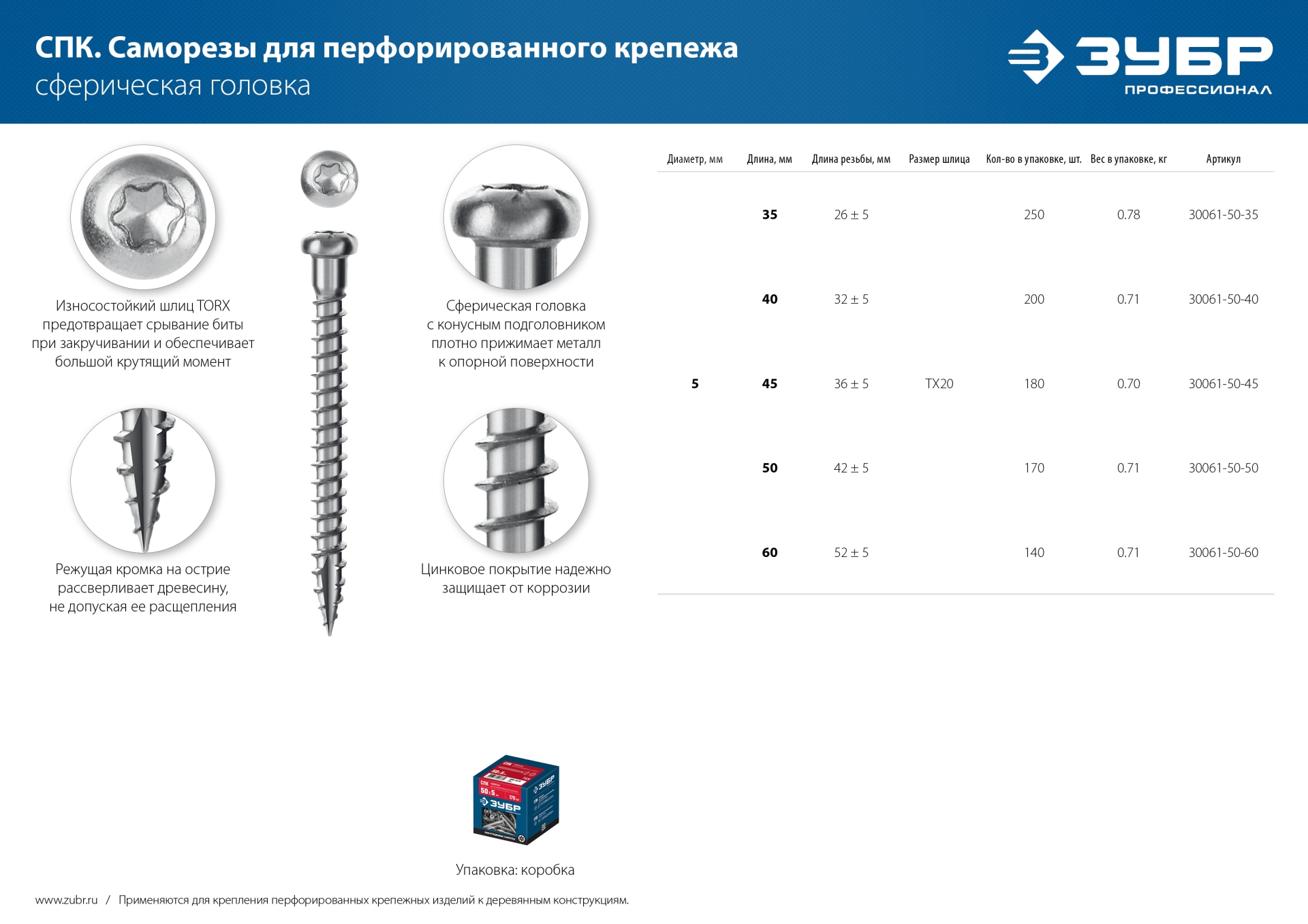 ЗУБР СПК, 60 х 5 мм, TX20, цинк 140 шт (0,68 кг.), саморез для перфорированного крепежа, Профессионал (30061-50-60) — фото 7