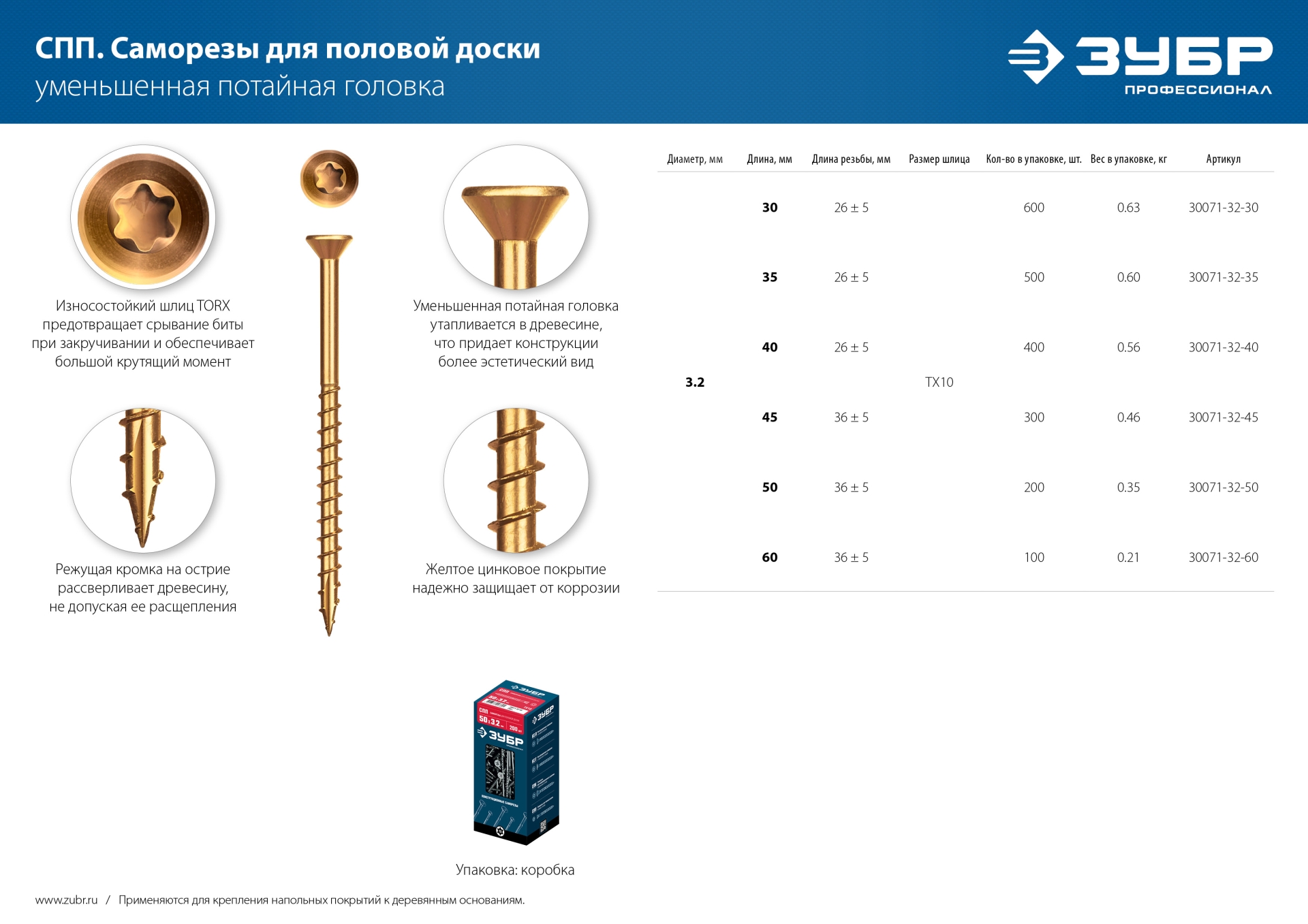 ЗУБР СПП, 40 х 3.2 мм, TX10, цинк 400 шт (0,53 кг.), саморез для половой доски и паркета, Профессионал (30071-32-40) — фото 7