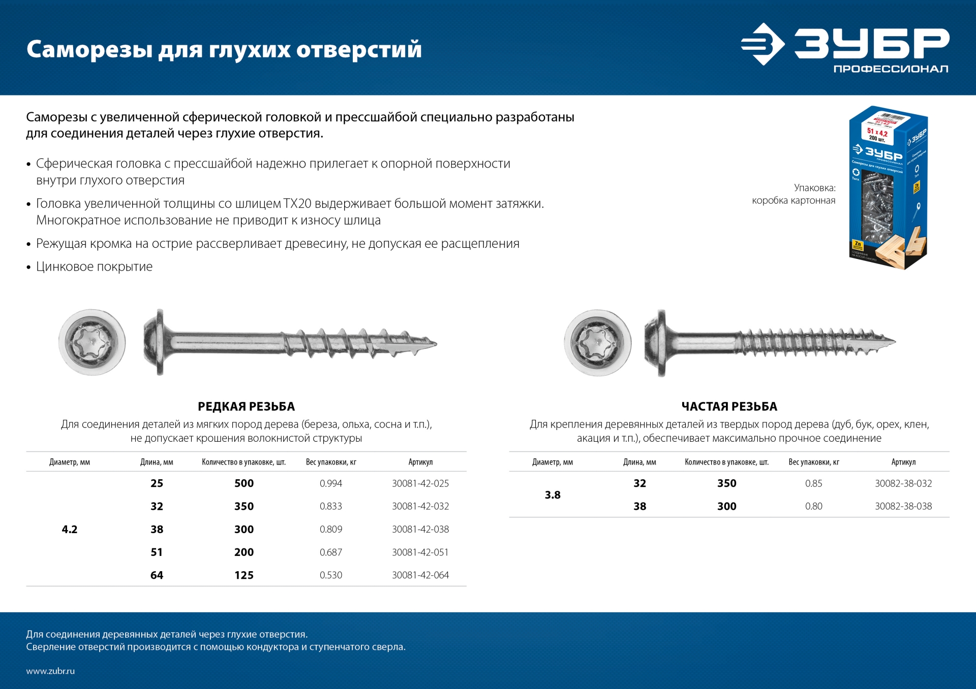 ЗУБР 51 х 4.2 мм, редкая резьба, ТХ20, цинк, 200 шт, саморез для глухих отверстий, Профессионал (30081-42-051) — фото 8