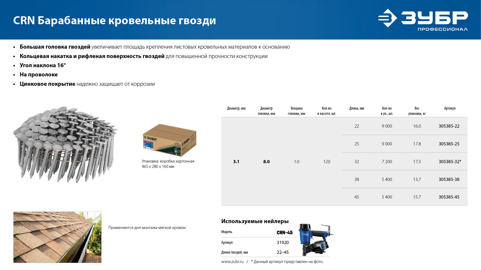 ЗУБР CRN 22 х 3.1 мм, барабанные гвозди кровельные оцинкованные, 9000 шт (305385-22) — фото 9