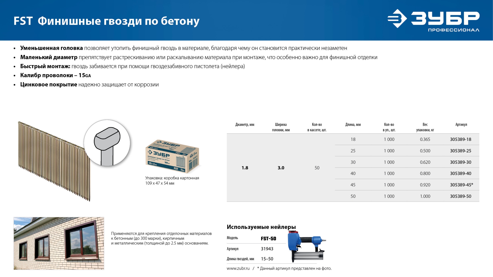 ЗУБР FST 25 х 1.8 мм, финишные гвозди по бетону оцинкованные, калибр 15GA, 1000 шт (305389-25) — фото 6