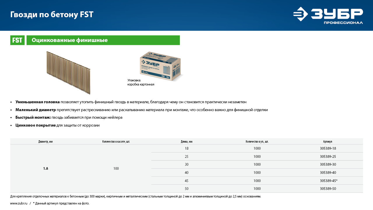 ЗУБР FST 45 х 1.8 мм, финишные гвозди по бетону оцинкованные, калибр 15GA, 1000 шт (305389-45) — фото 5